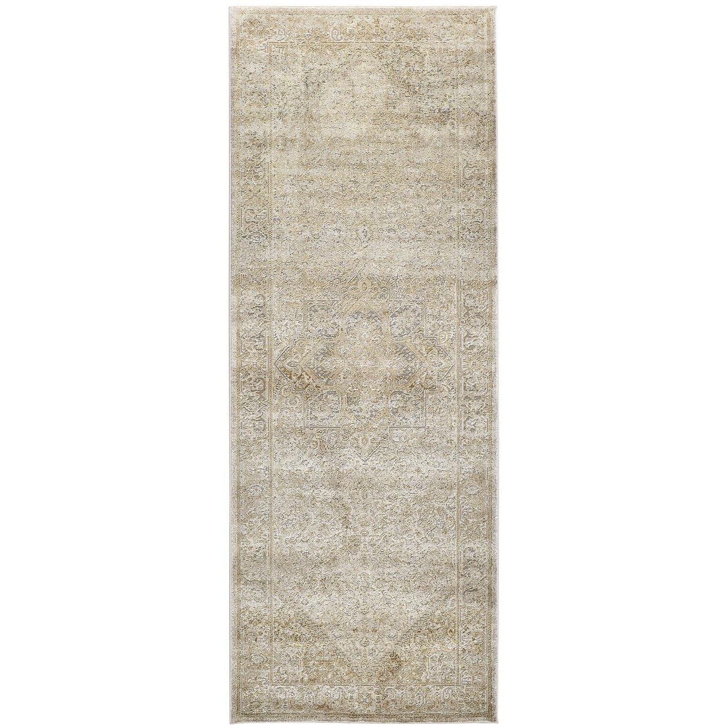 8' Gold and Ivory Medallion Power Loom Runner Rug