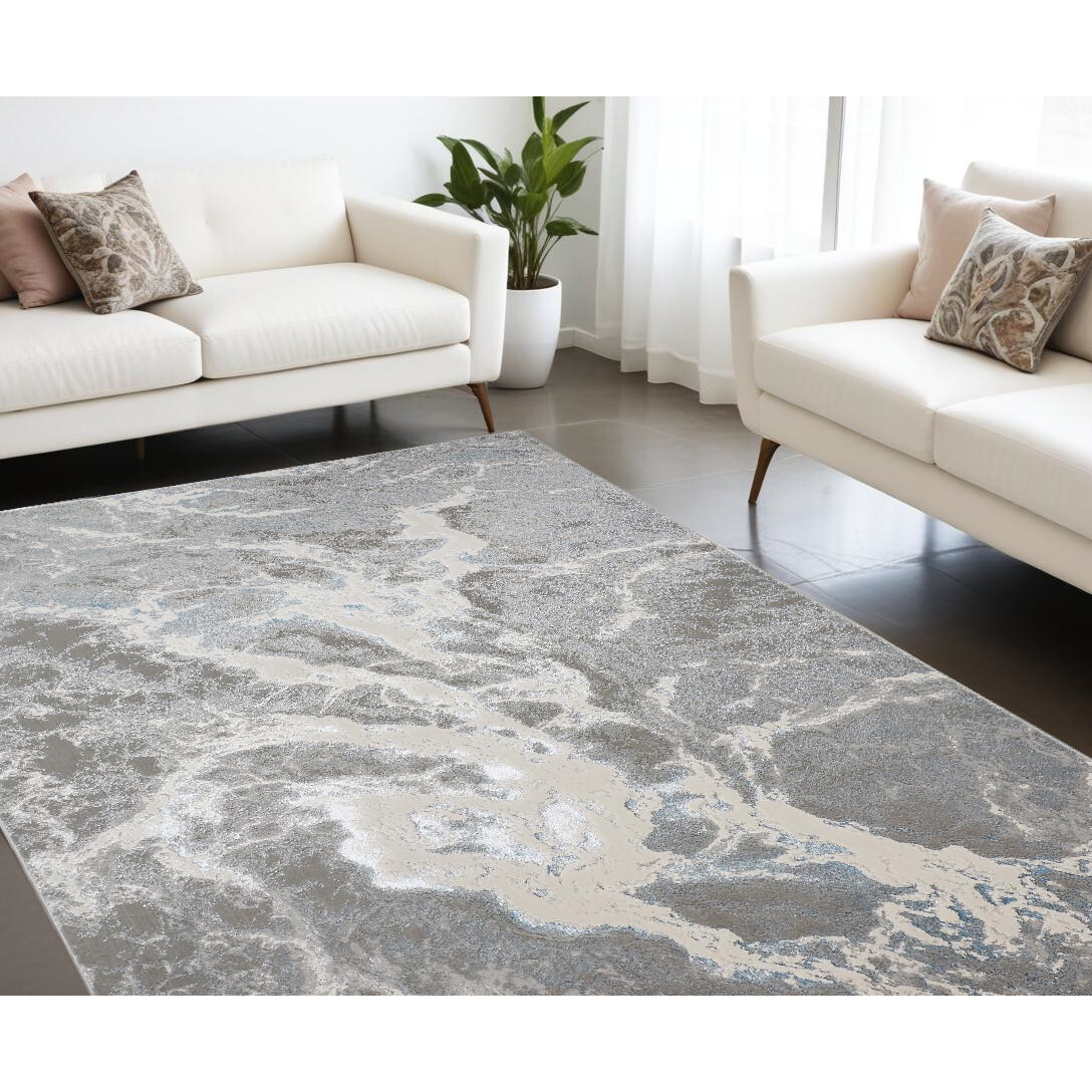 7' X 10' Gray and Ivory Abstract Power Loom Area Rug