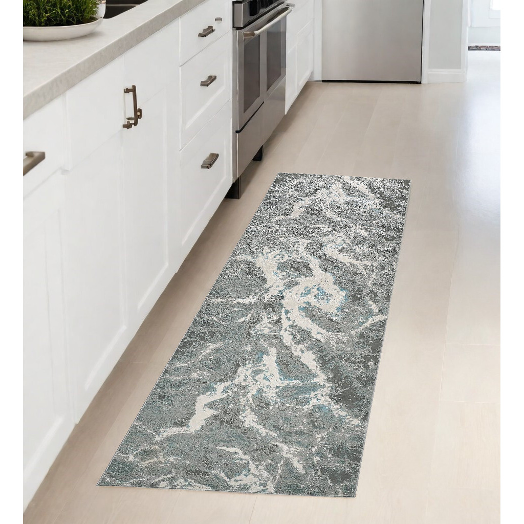 8' Gray and Ivory Abstract Power Loom Runner Rug