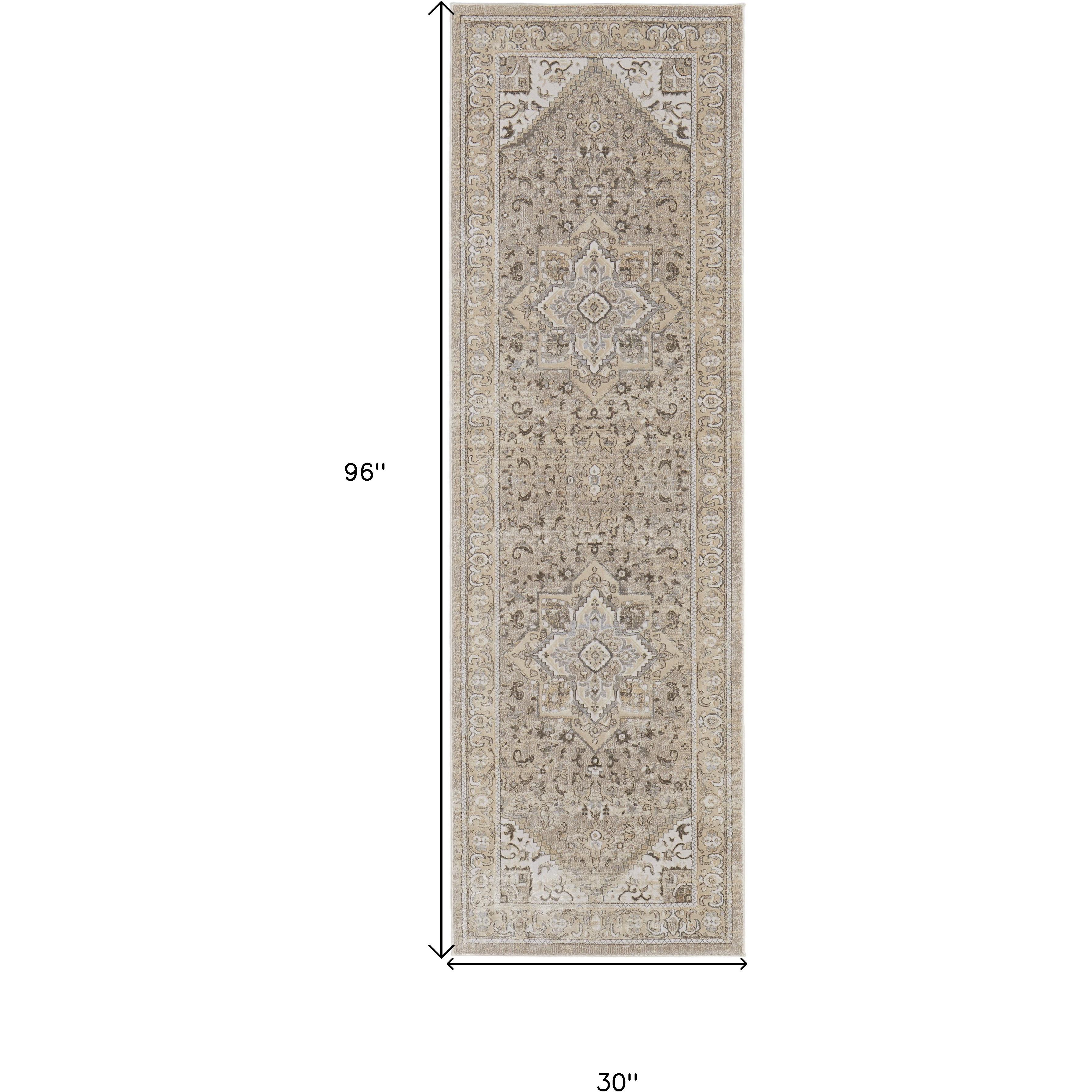 8' Brown and Ivory Medallion Power Loom Distressed Runner Rug