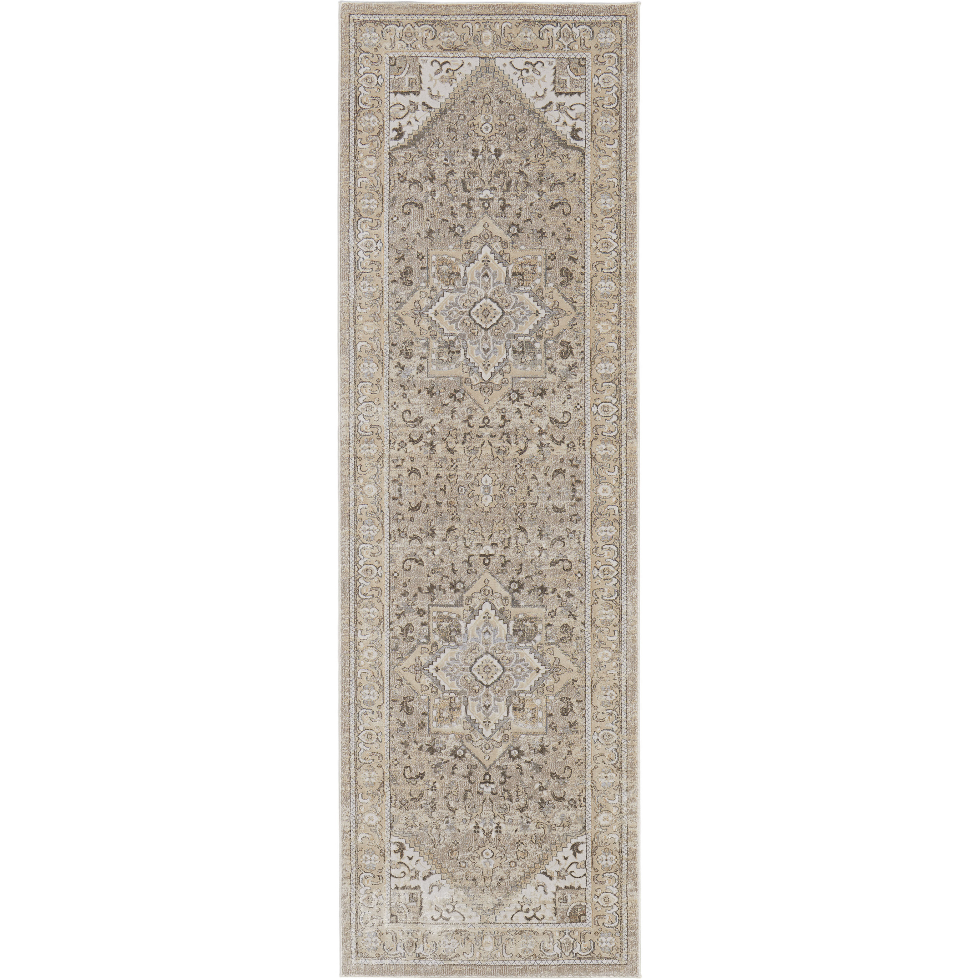 8' Brown and Ivory Medallion Power Loom Distressed Runner Rug