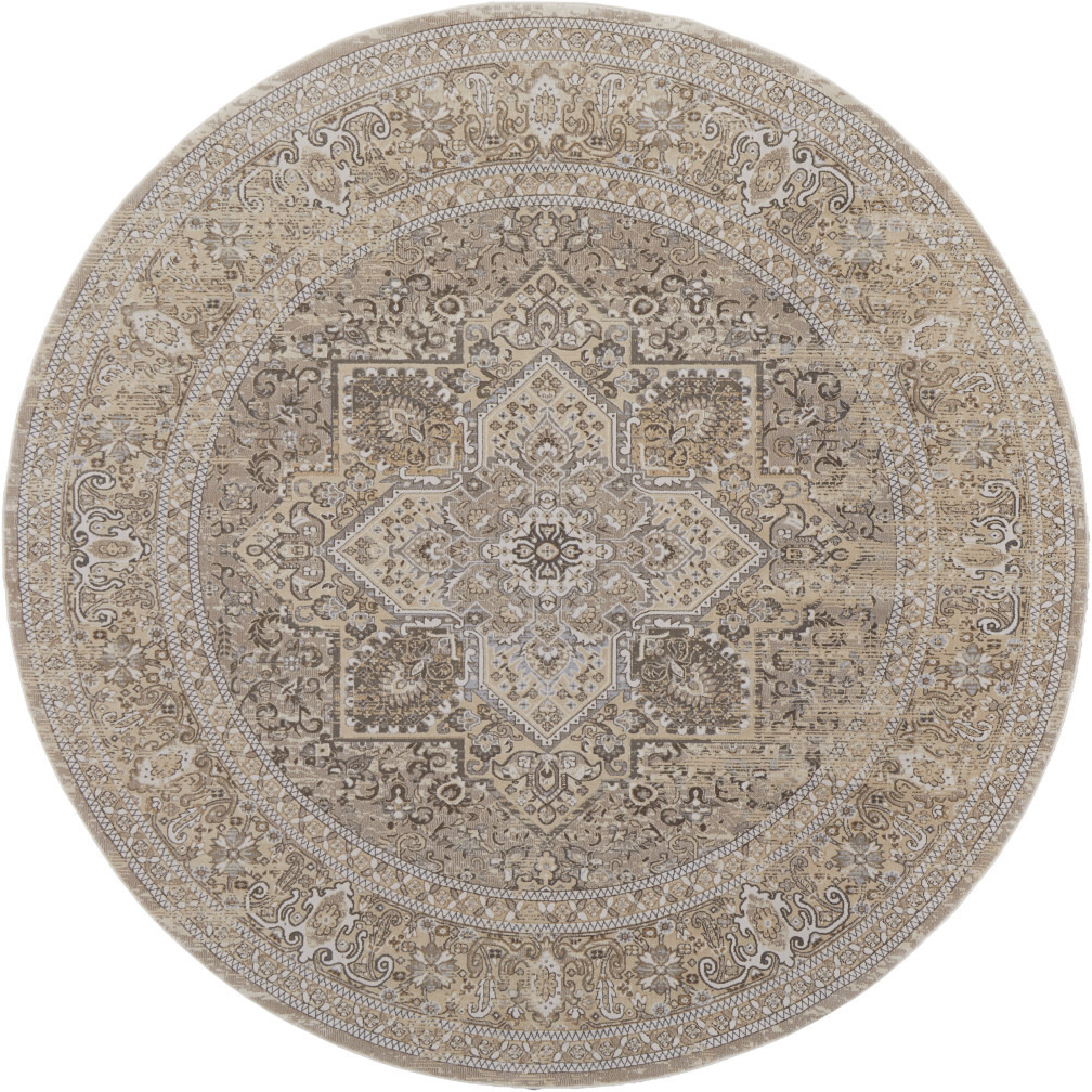 8' Brown and Ivory Round Medallion Power Loom Distressed Area Rug