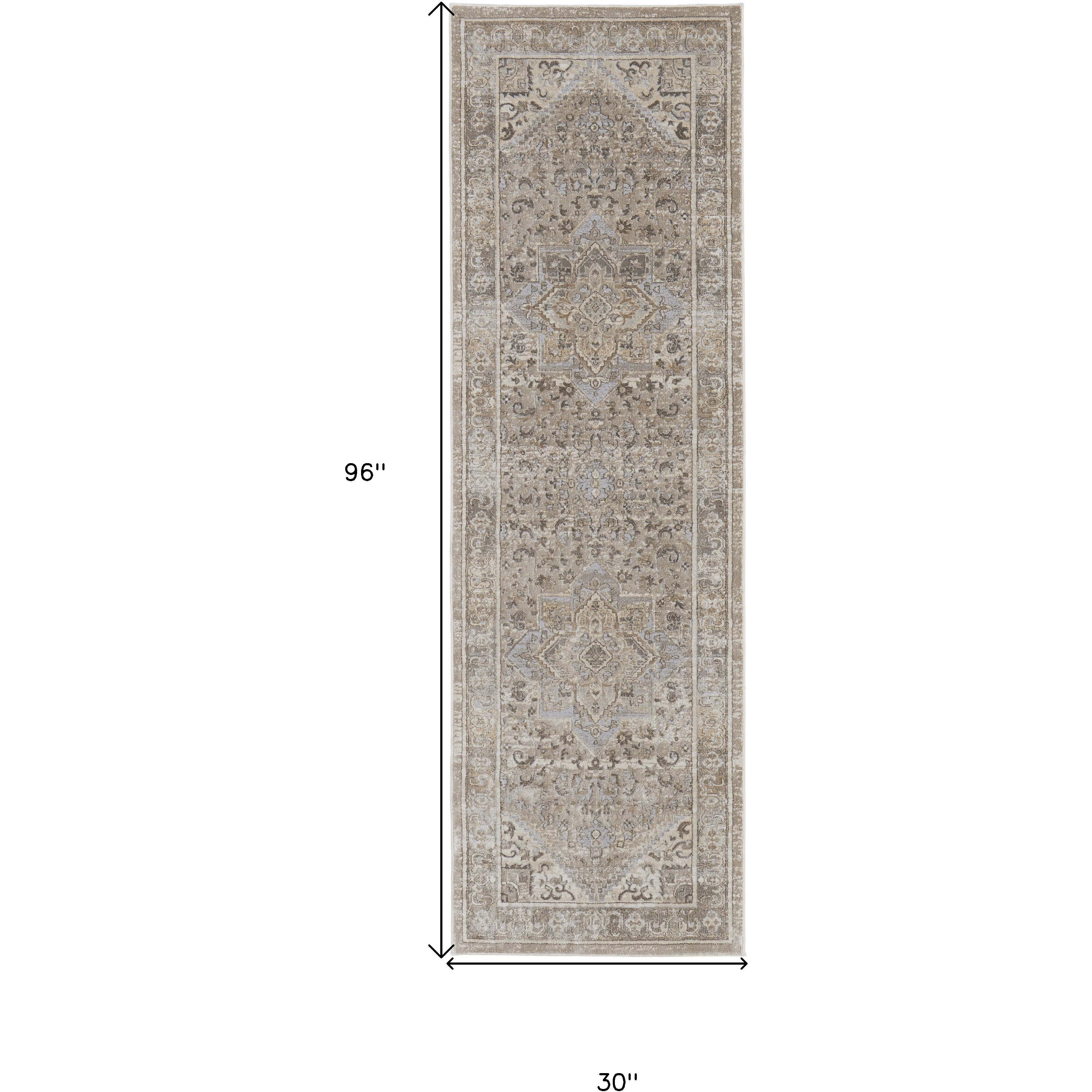 8' Brown and Ivory Medallion Power Loom Distressed Runner Rug
