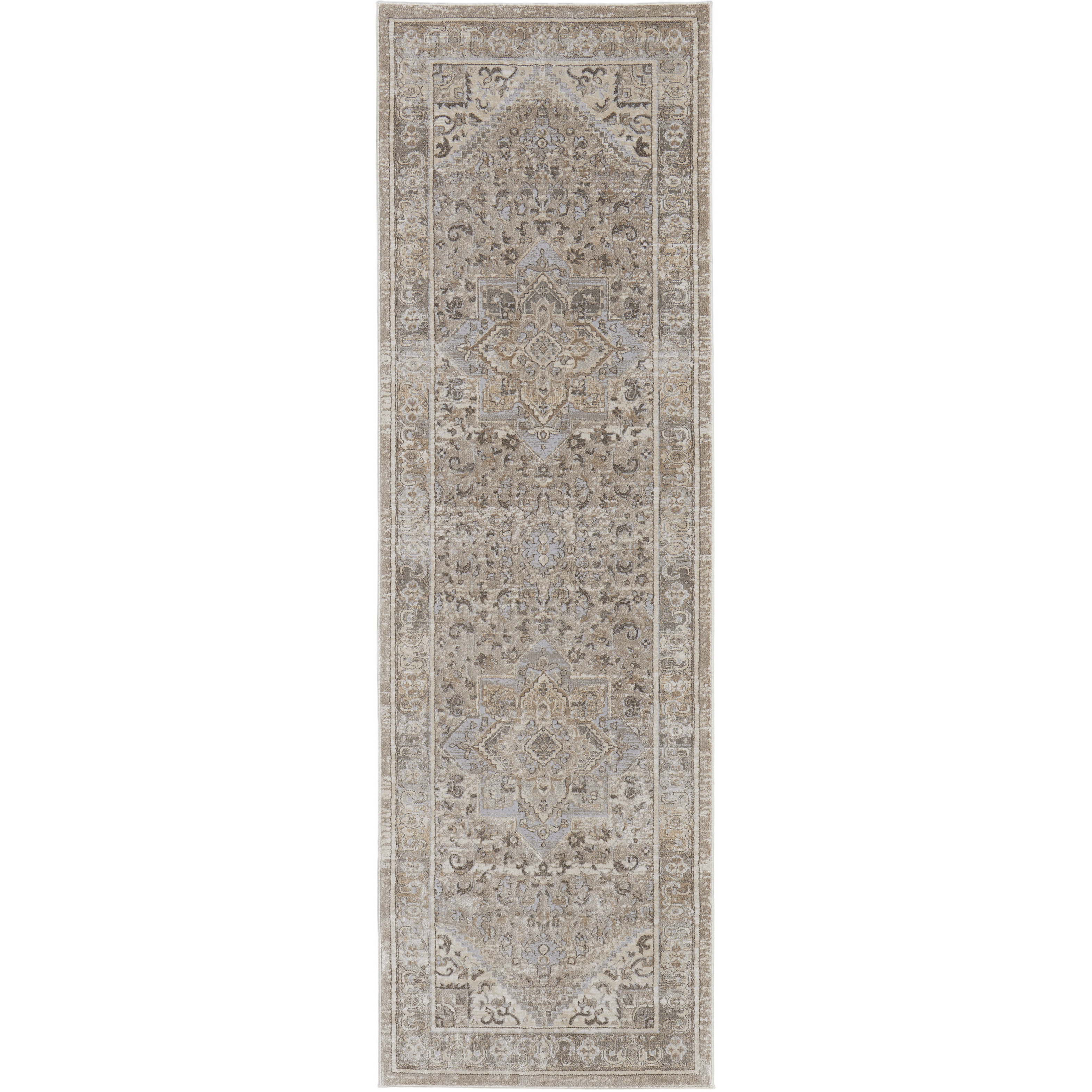 8' Brown and Ivory Medallion Power Loom Distressed Runner Rug