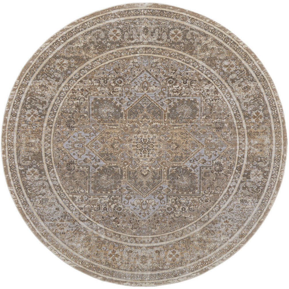 8' Brown and Ivory Round Medallion Power Loom Distressed Area Rug