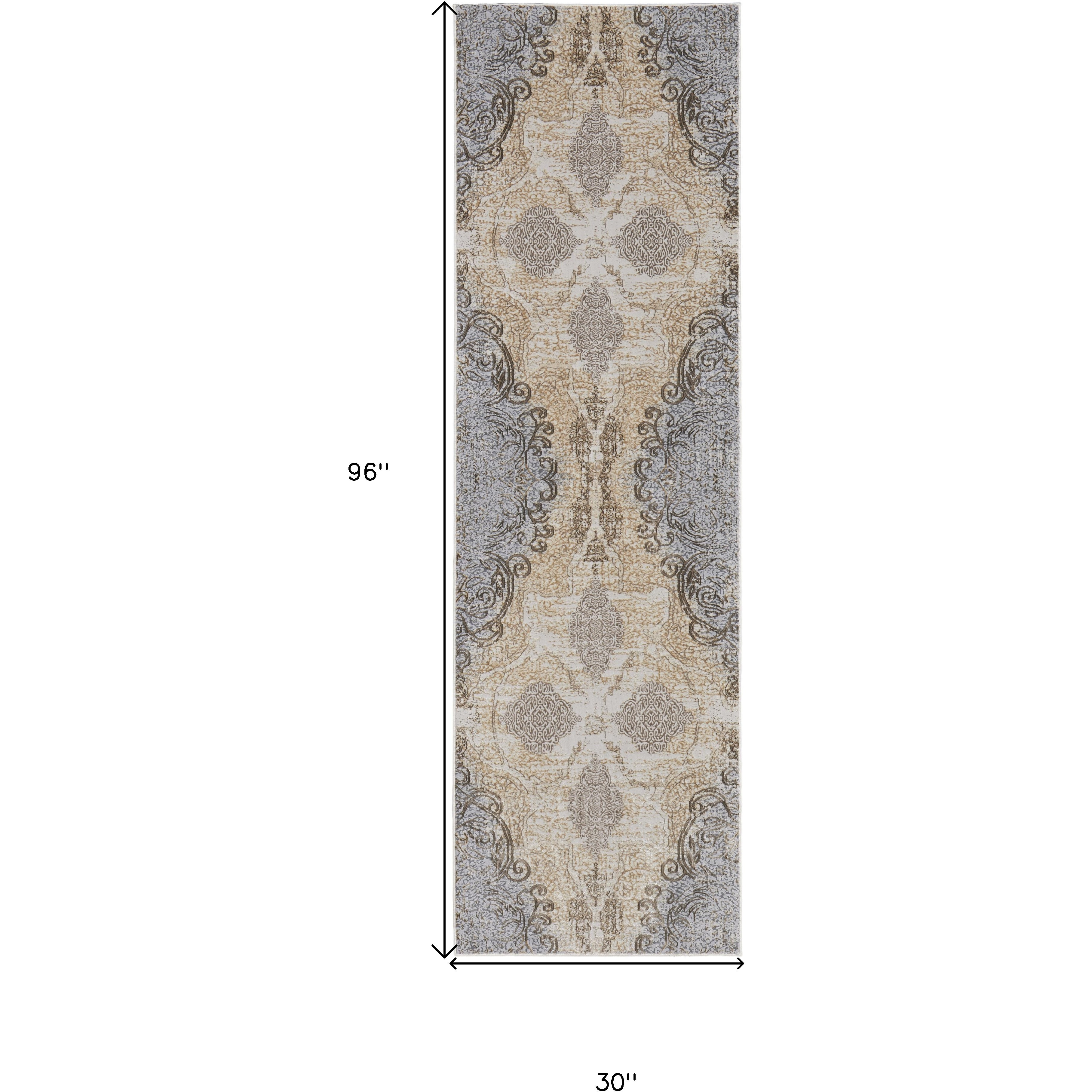 8' Gray and Brown Medallion Power Loom Distressed Runner Rug