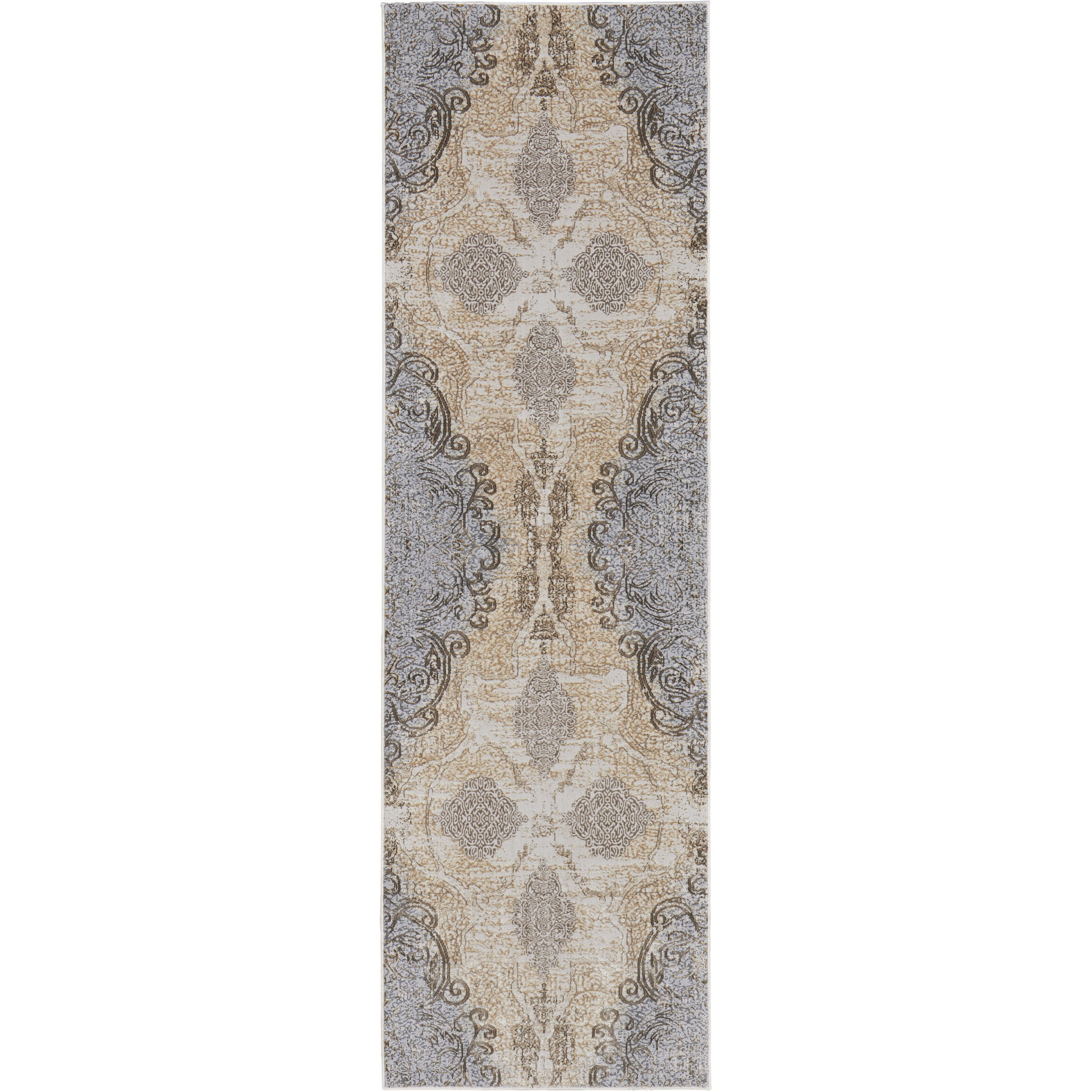 8' Gray and Brown Medallion Power Loom Distressed Runner Rug