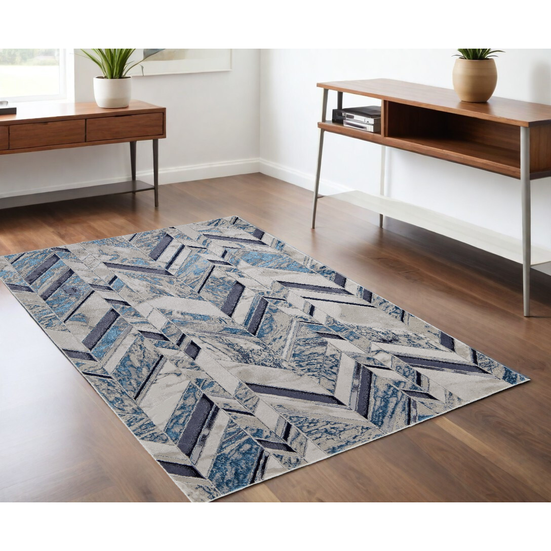 4' X 6' Ivory and Blue Chevron Power Loom Distressed Area Rug