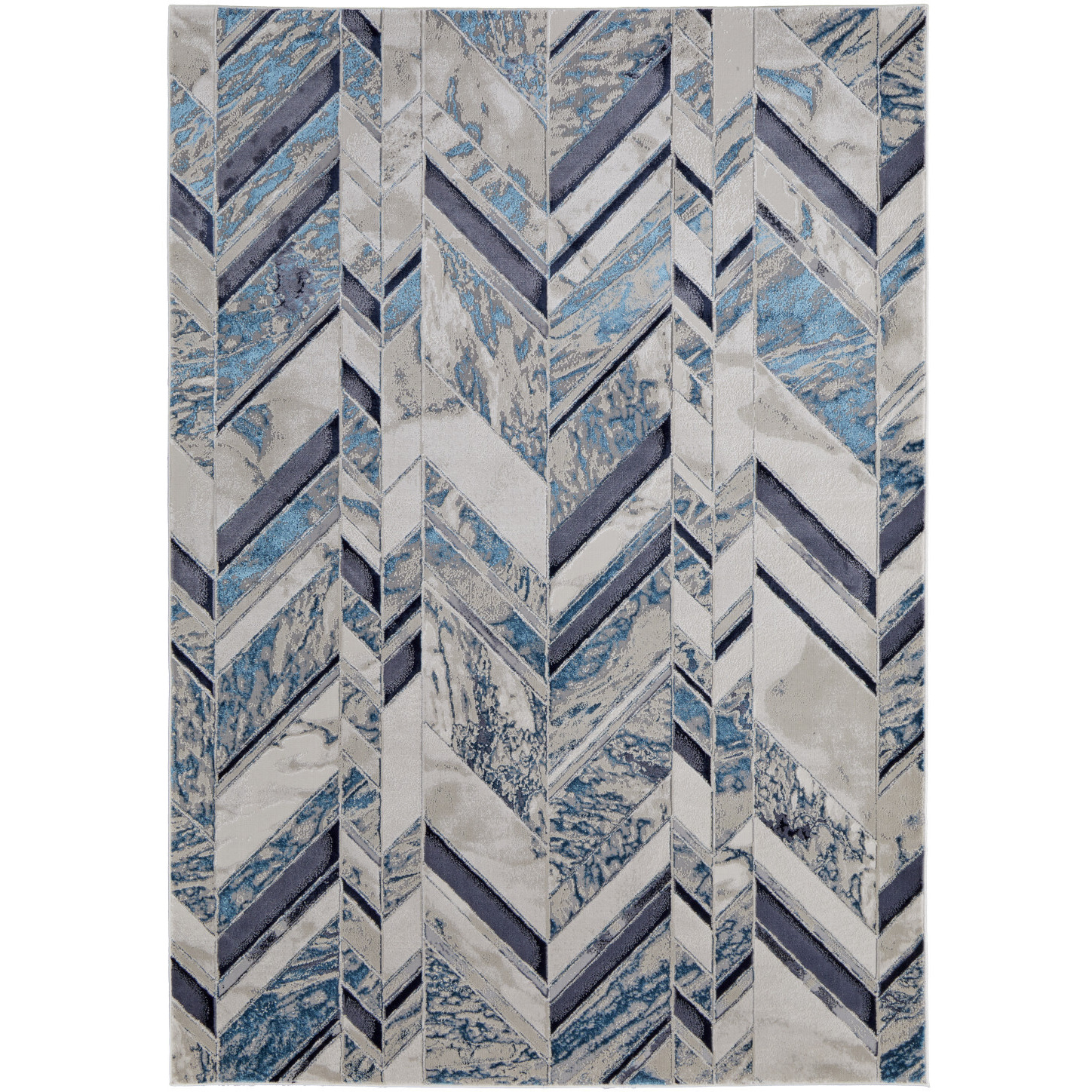 4' X 6' Ivory and Blue Chevron Power Loom Distressed Area Rug