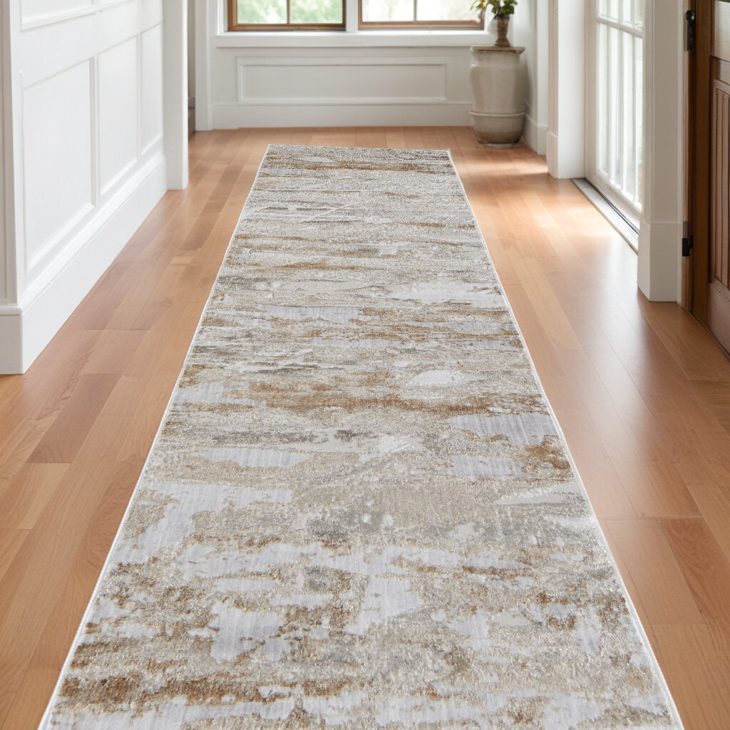 10' Beige and Ivory Abstract Power Loom Distressed Runner Rug