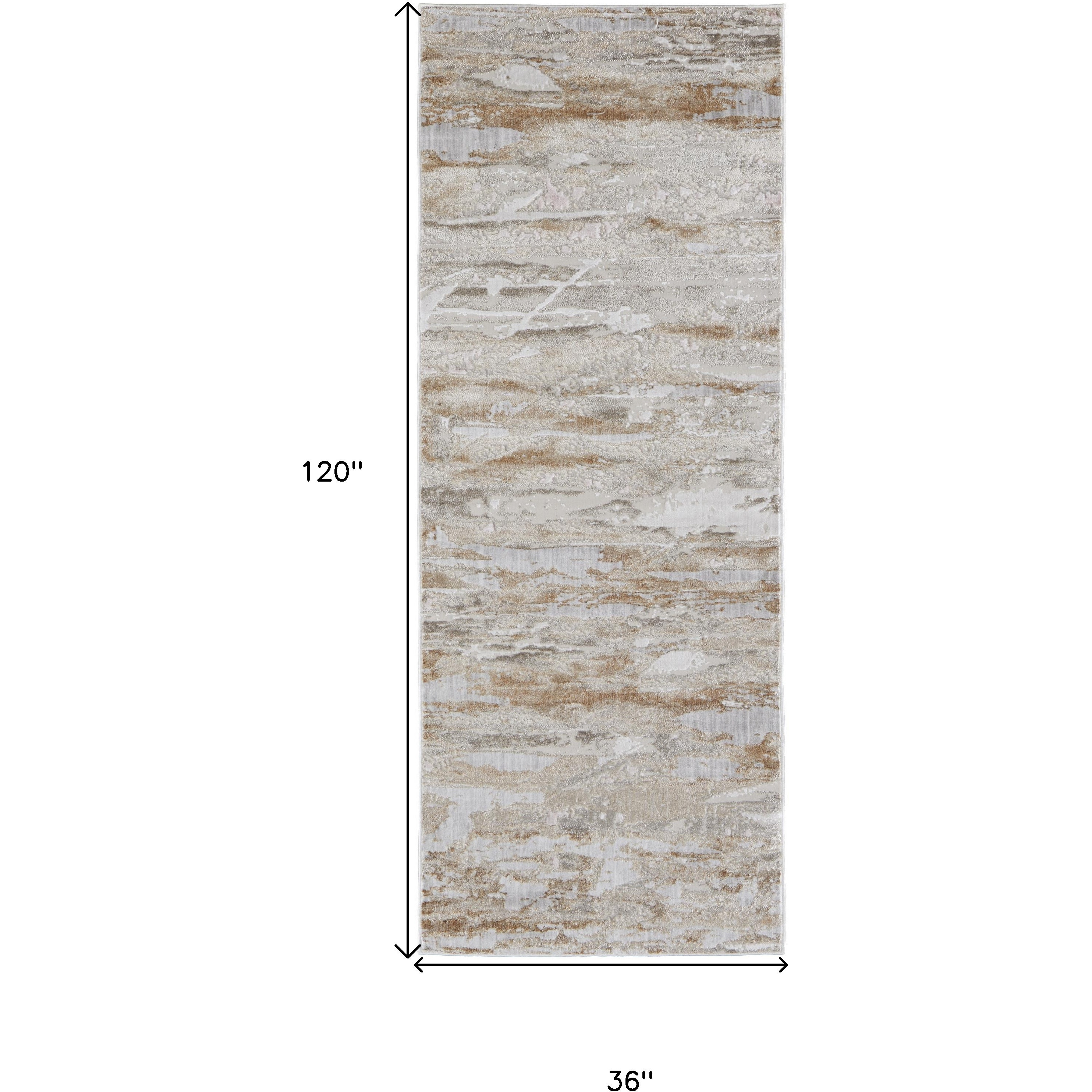 10' Beige and Ivory Abstract Power Loom Distressed Runner Rug