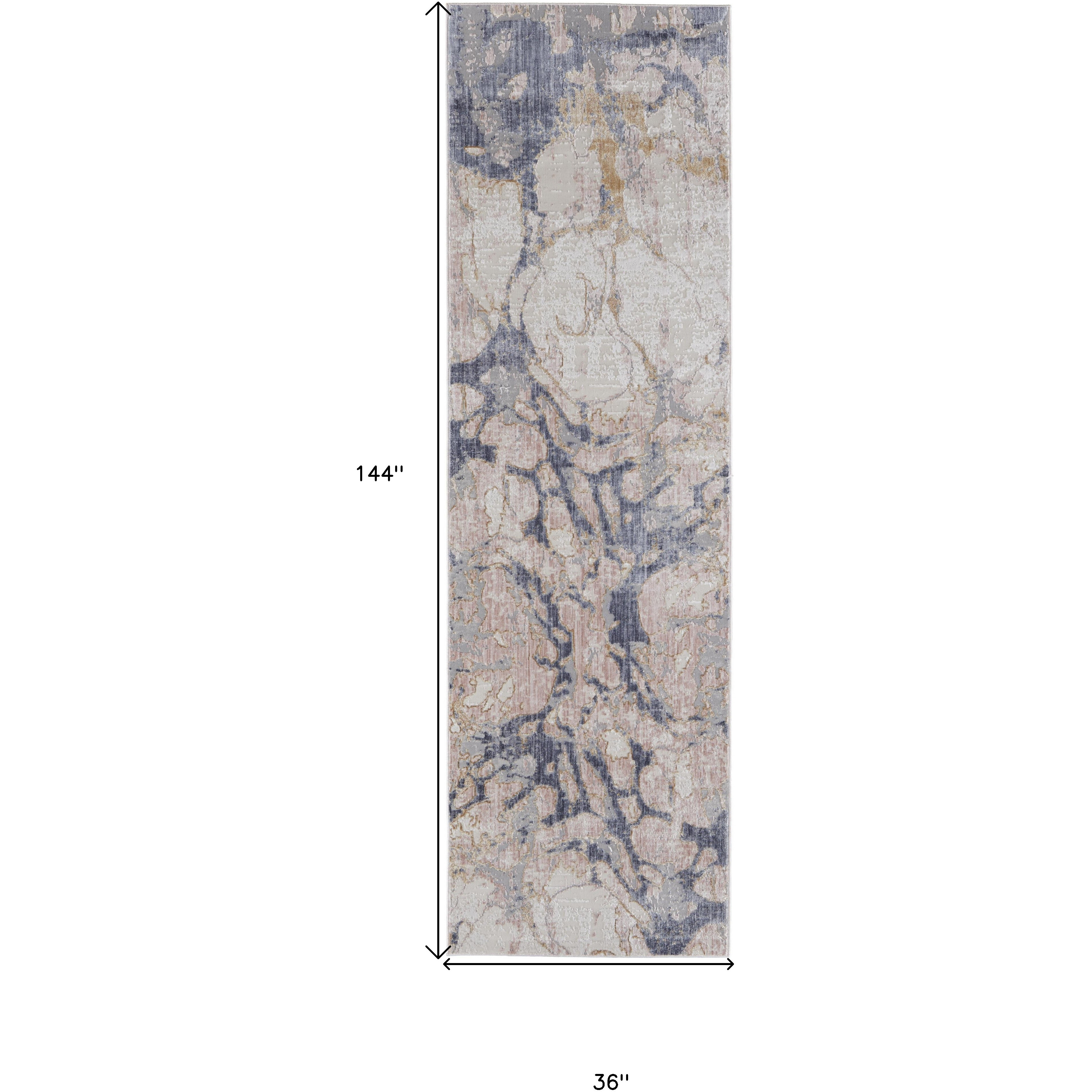 12' Beige and Blue Abstract Power Loom Distressed Runner Rug