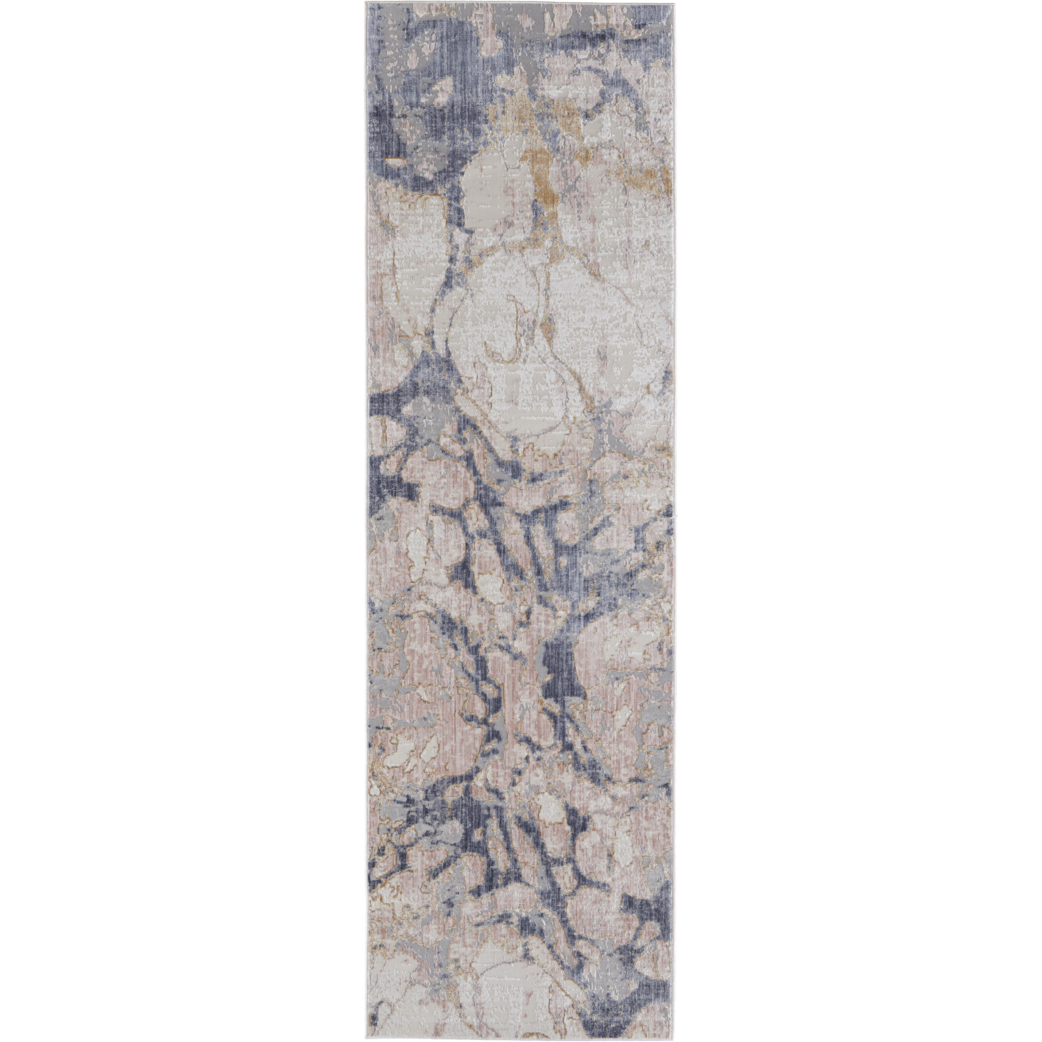 12' Beige and Blue Abstract Power Loom Distressed Runner Rug