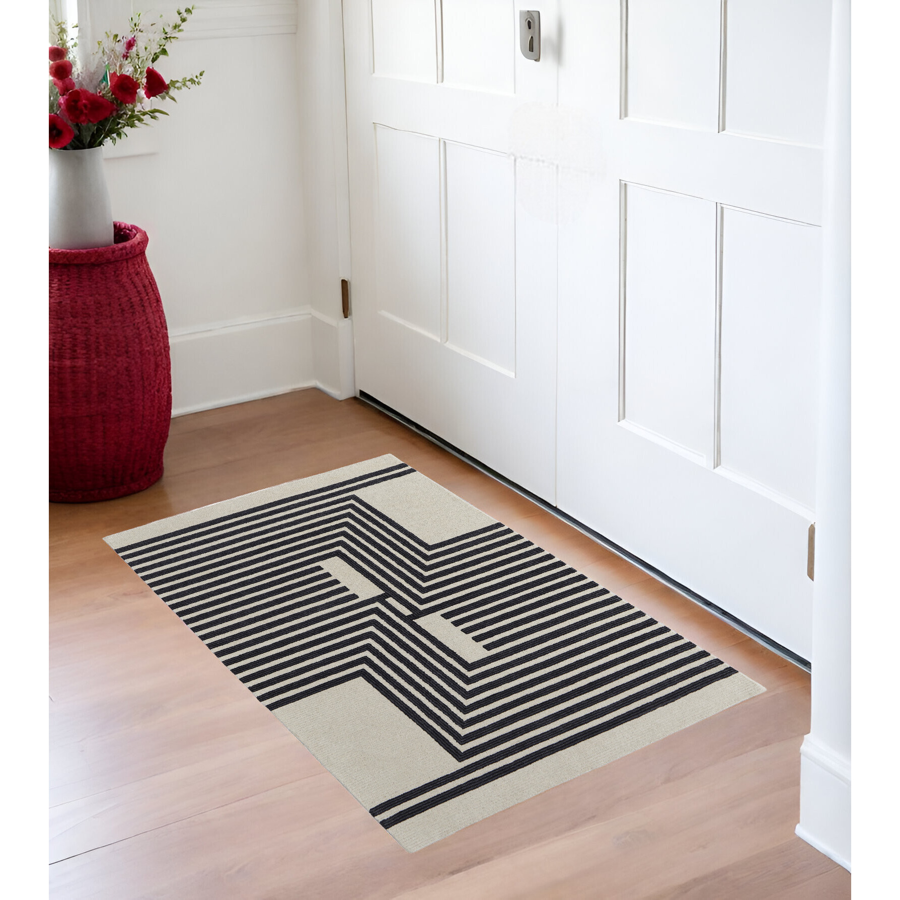 2' X 3' Black and Ivory Abstract Geometric Hand Tufted Area Rug