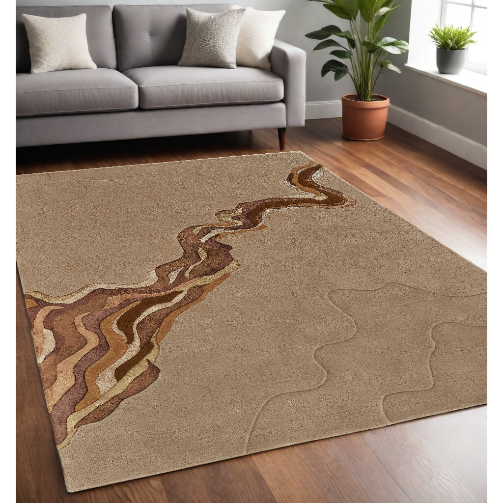 5' X 8' Beige and Brown Abstract Hand Tufted Area Rug