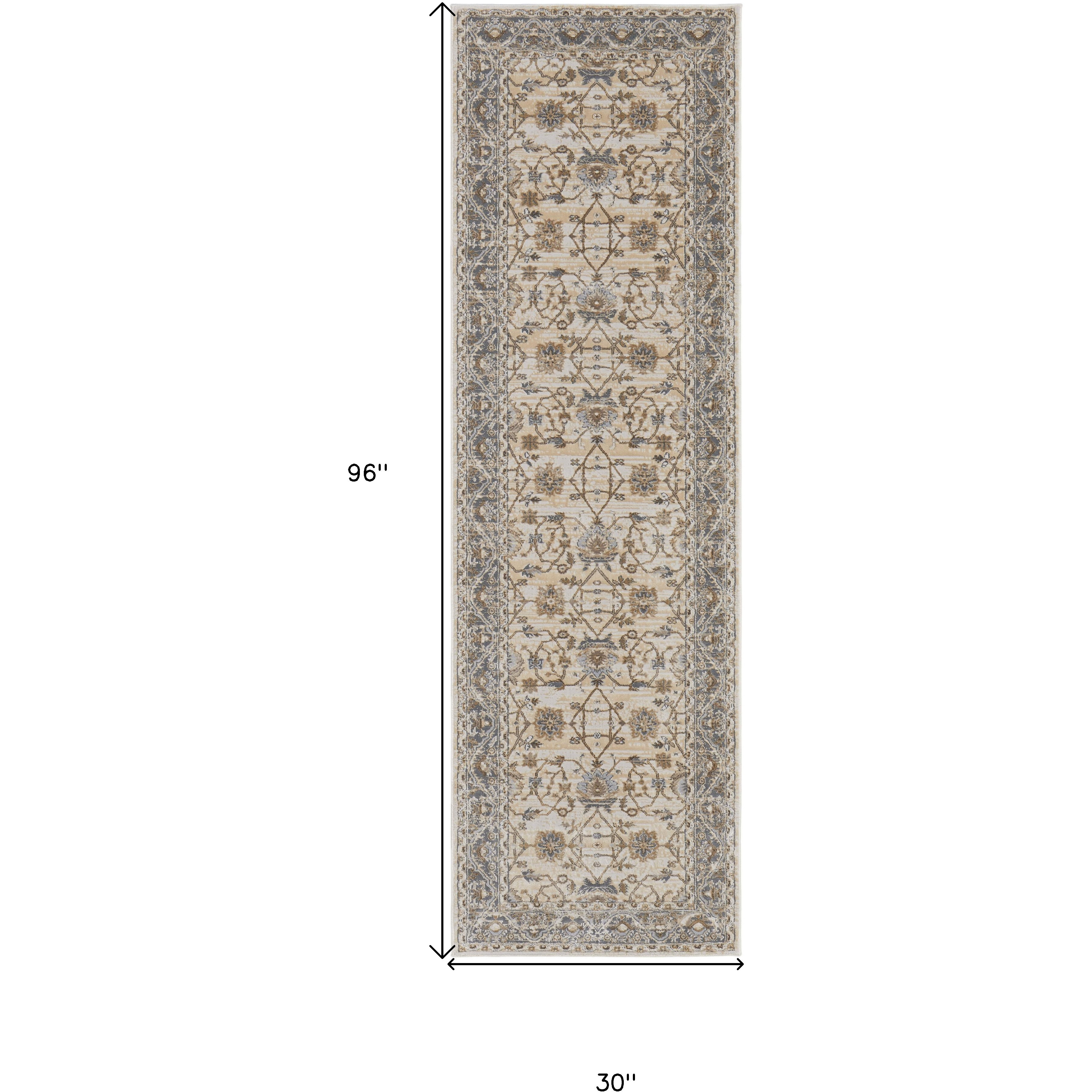 8' Brown and Ivory Oriental Power Loom Distressed Runner Rug