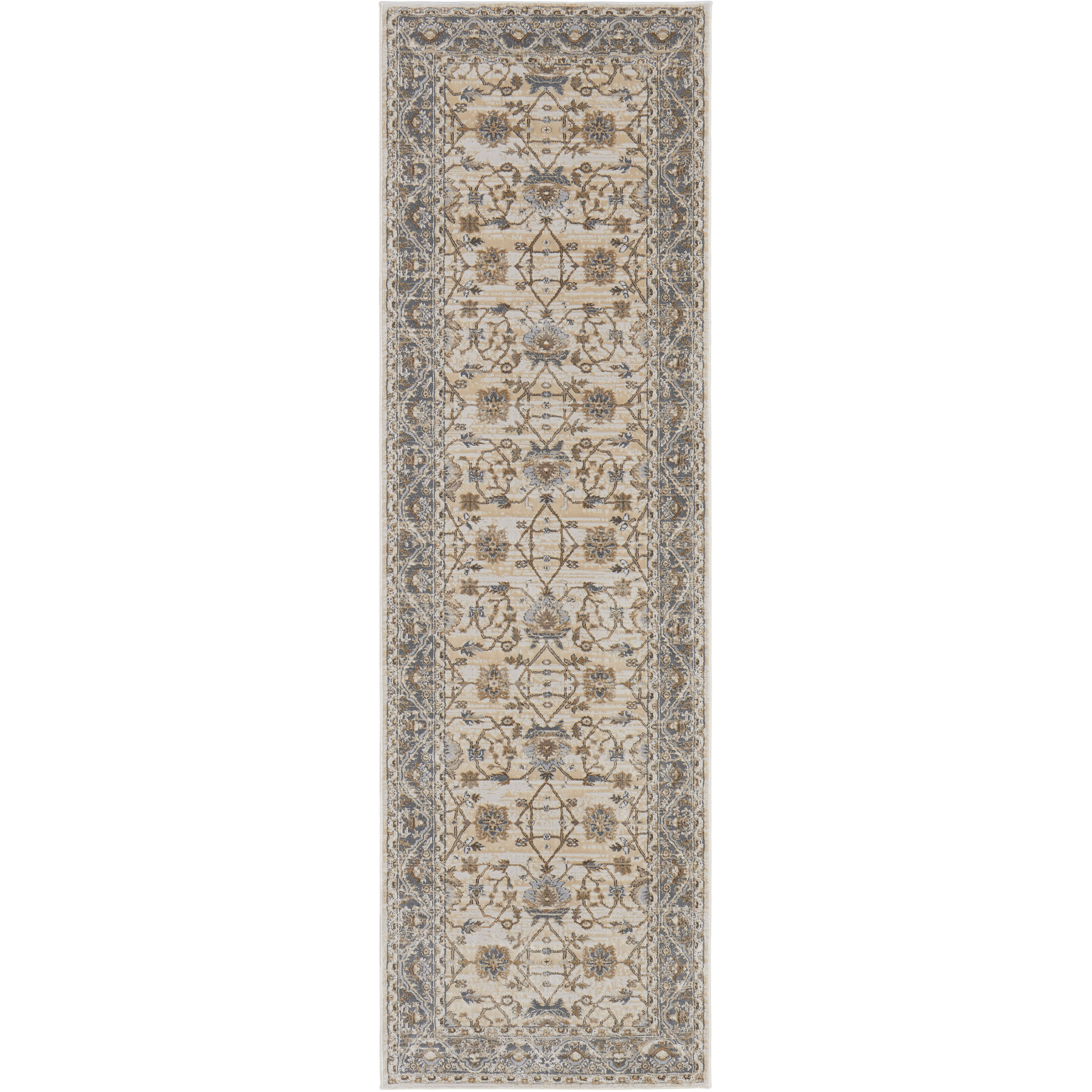 8' Brown and Ivory Oriental Power Loom Distressed Runner Rug