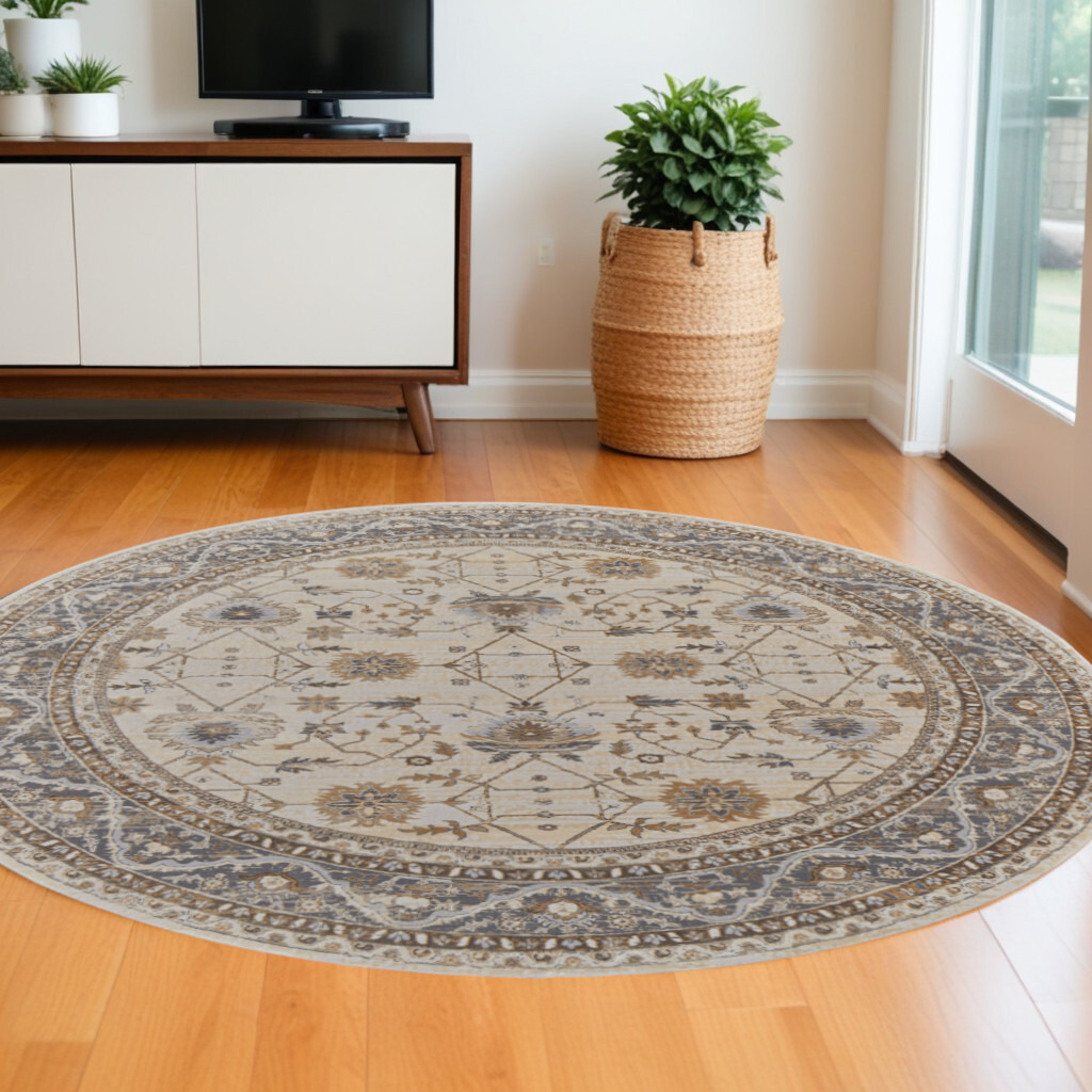 8' Brown and Ivory Round Oriental Power Loom Distressed Area Rug