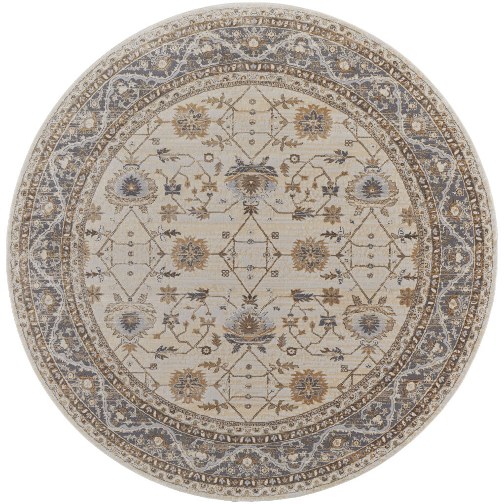 8' Brown and Ivory Round Oriental Power Loom Distressed Area Rug
