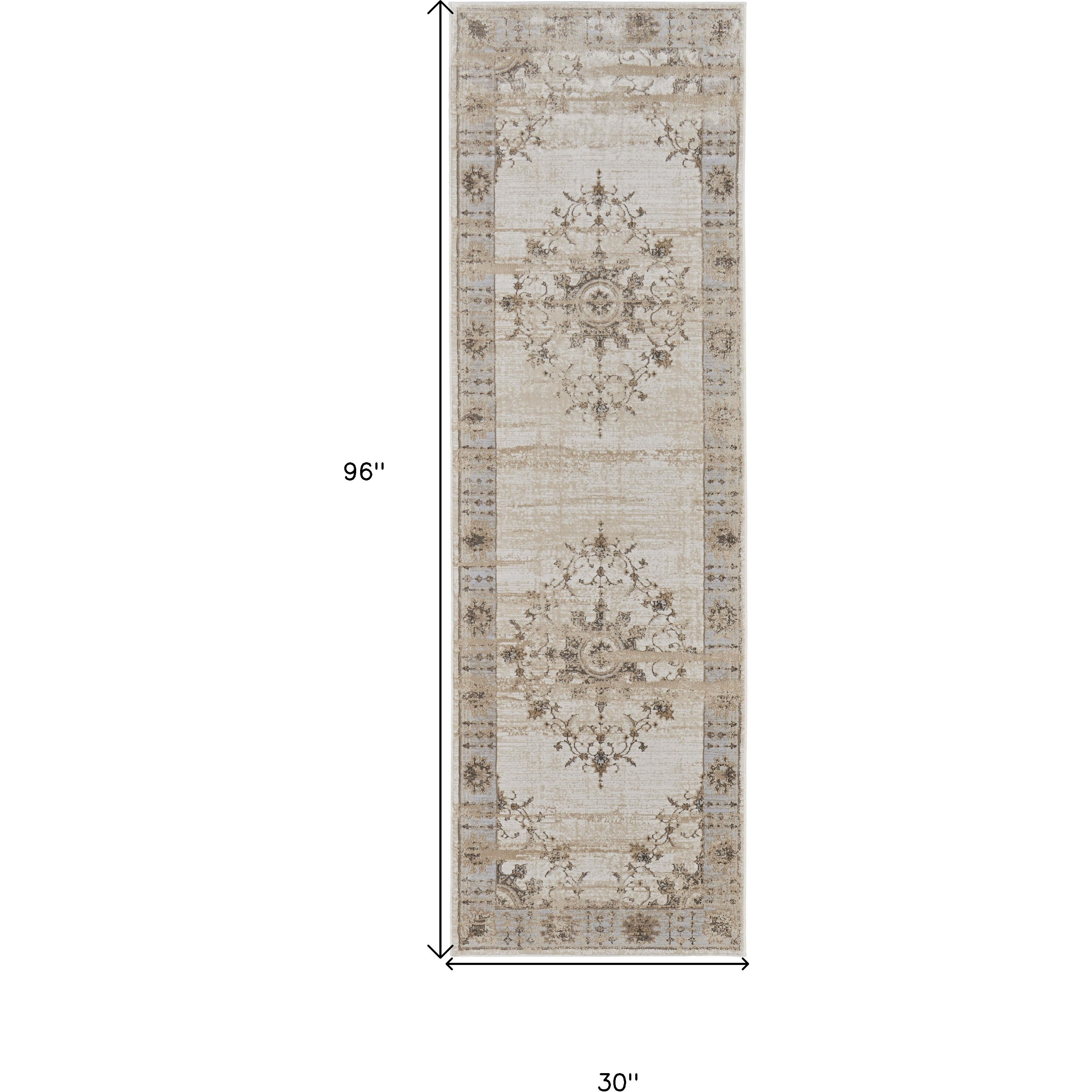 8' Brown and Ivory Oriental Power Loom Distressed Runner Rug
