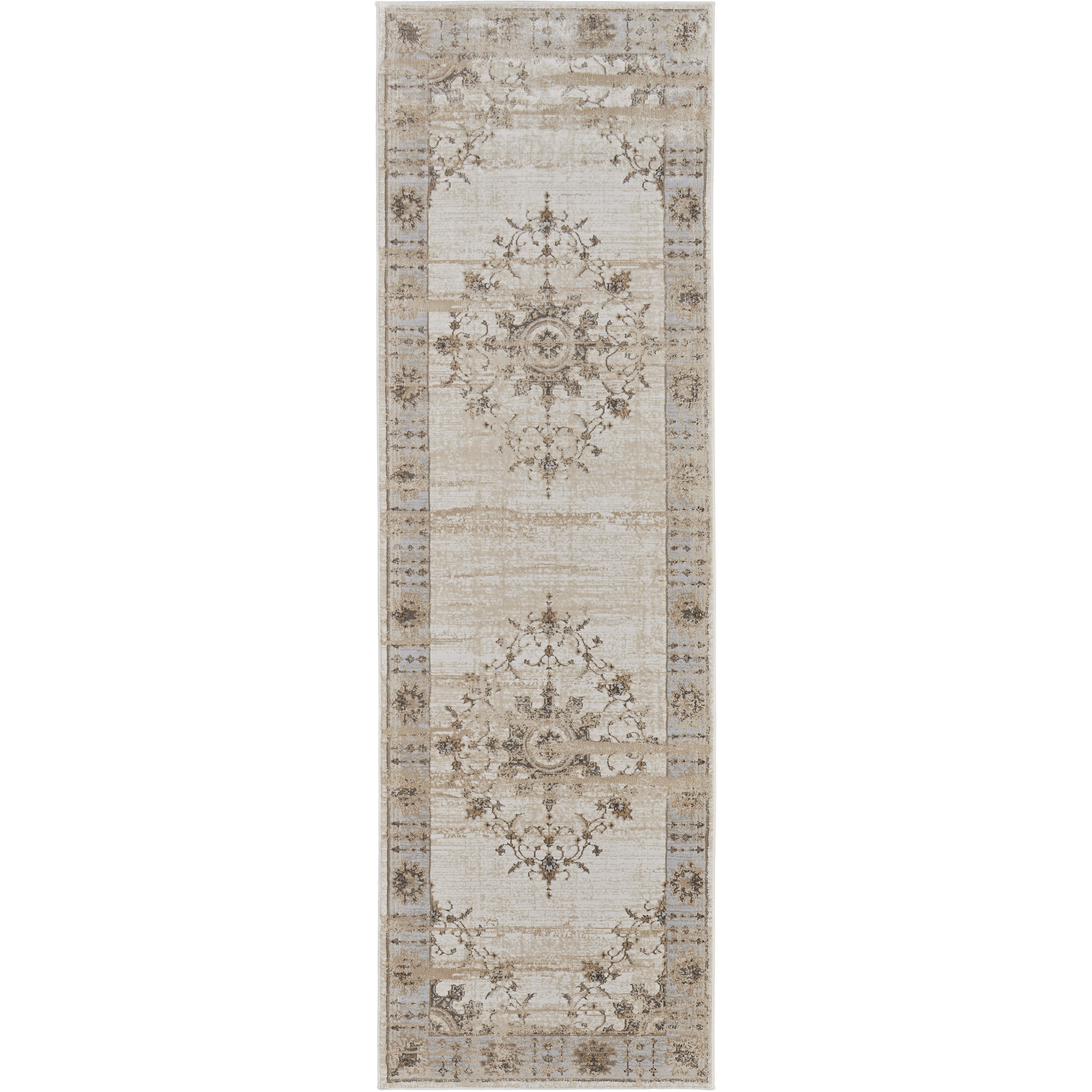 8' Brown and Ivory Oriental Power Loom Distressed Runner Rug