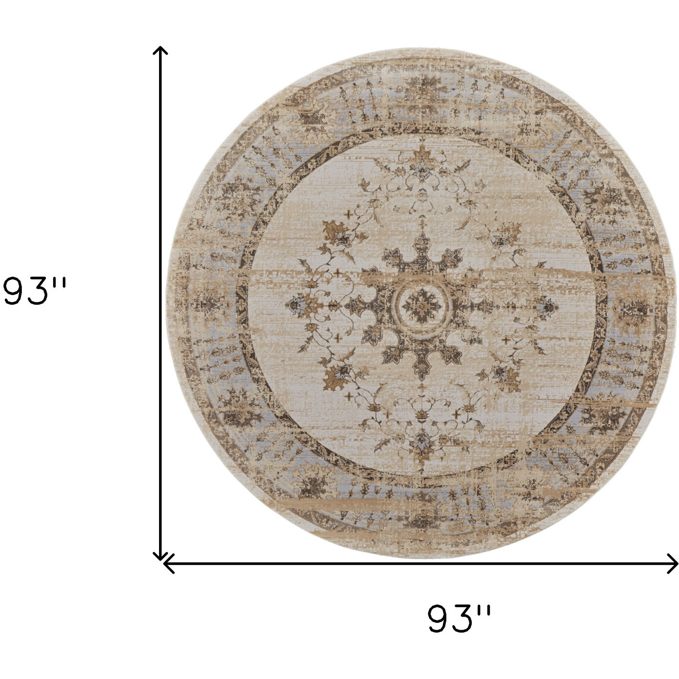 8' Brown and Ivory Round Oriental Power Loom Distressed Area Rug