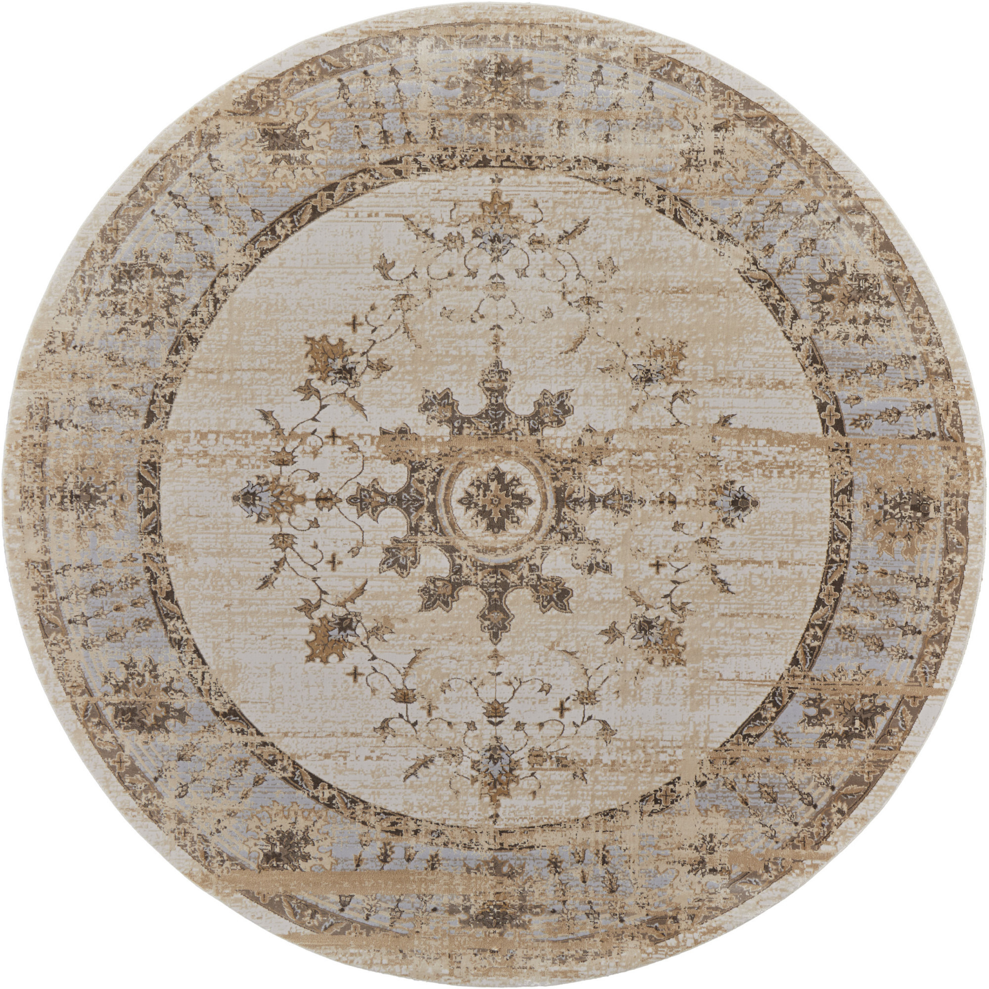 8' Brown and Ivory Round Oriental Power Loom Distressed Area Rug