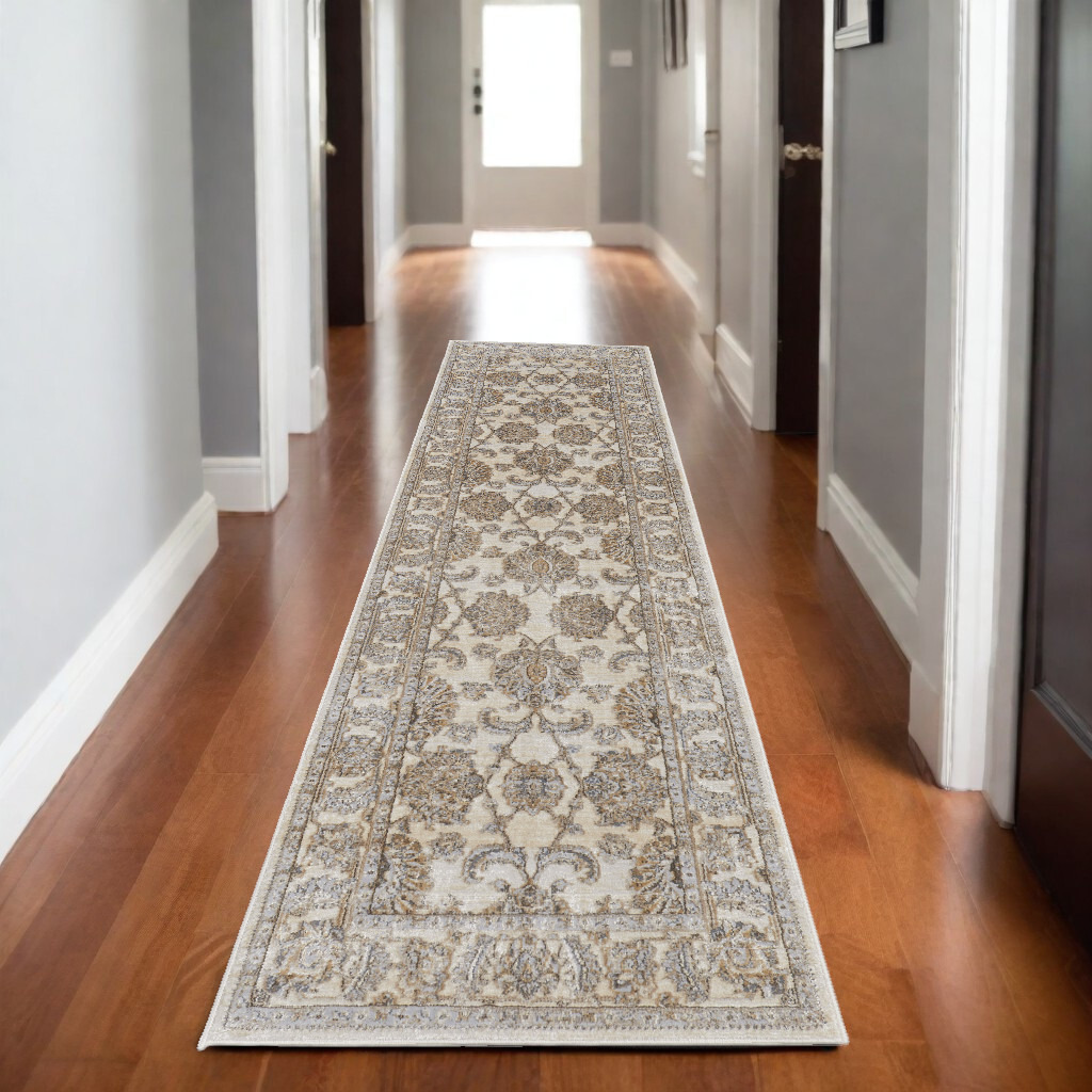 8' Brown and Ivory Oriental Power Loom Distressed Runner Rug
