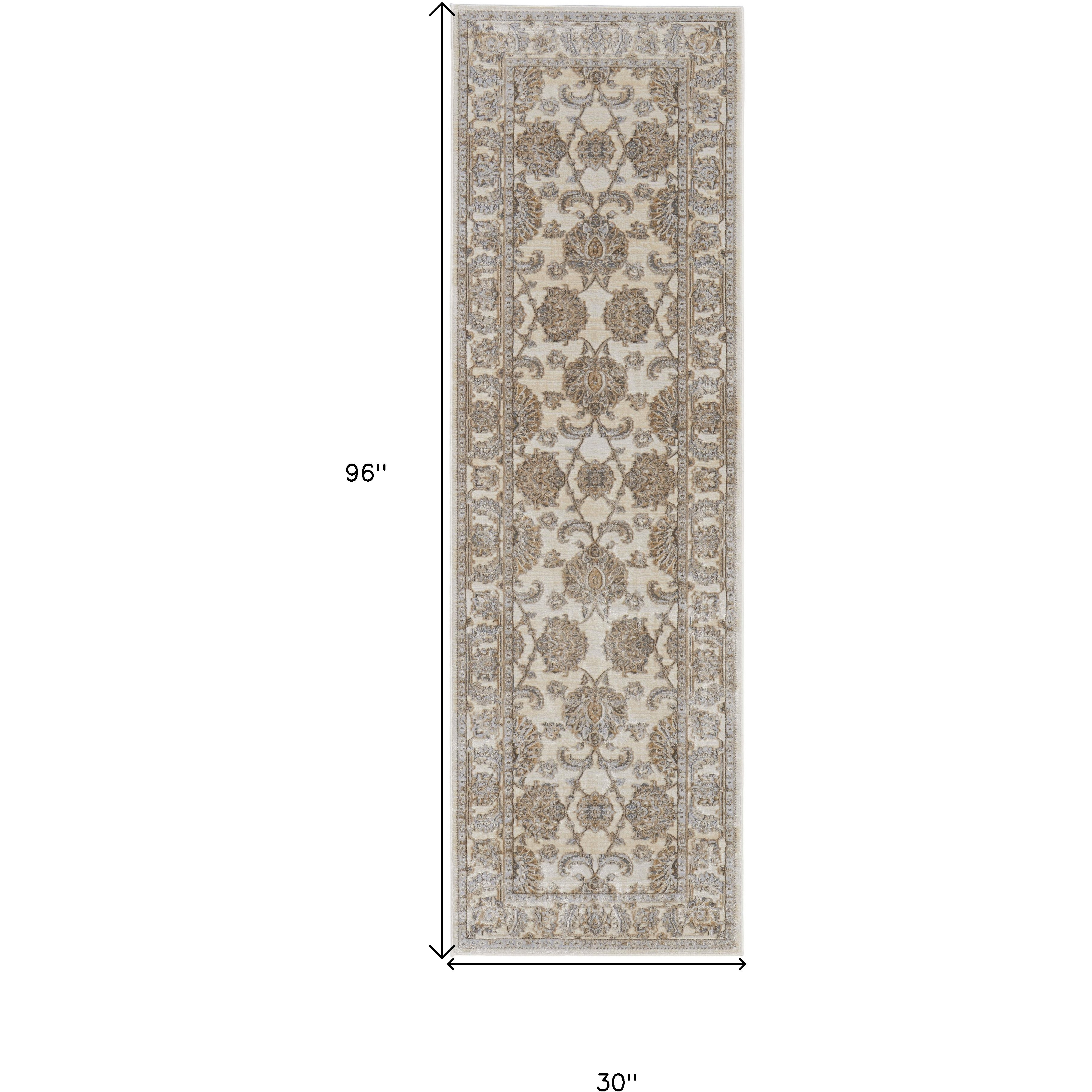 8' Brown and Ivory Oriental Power Loom Distressed Runner Rug