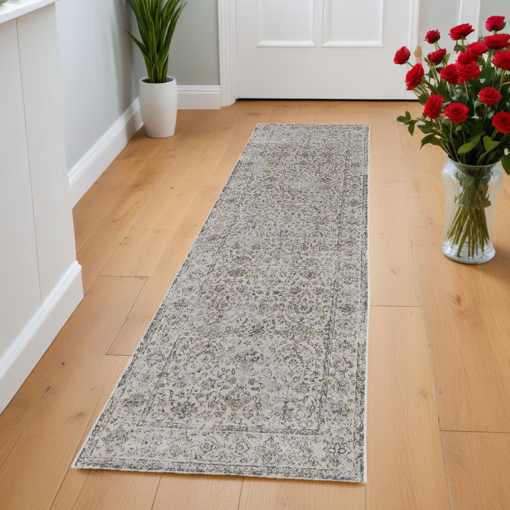 8' Brown and Ivory Oriental Power Loom Distressed Runner Rug