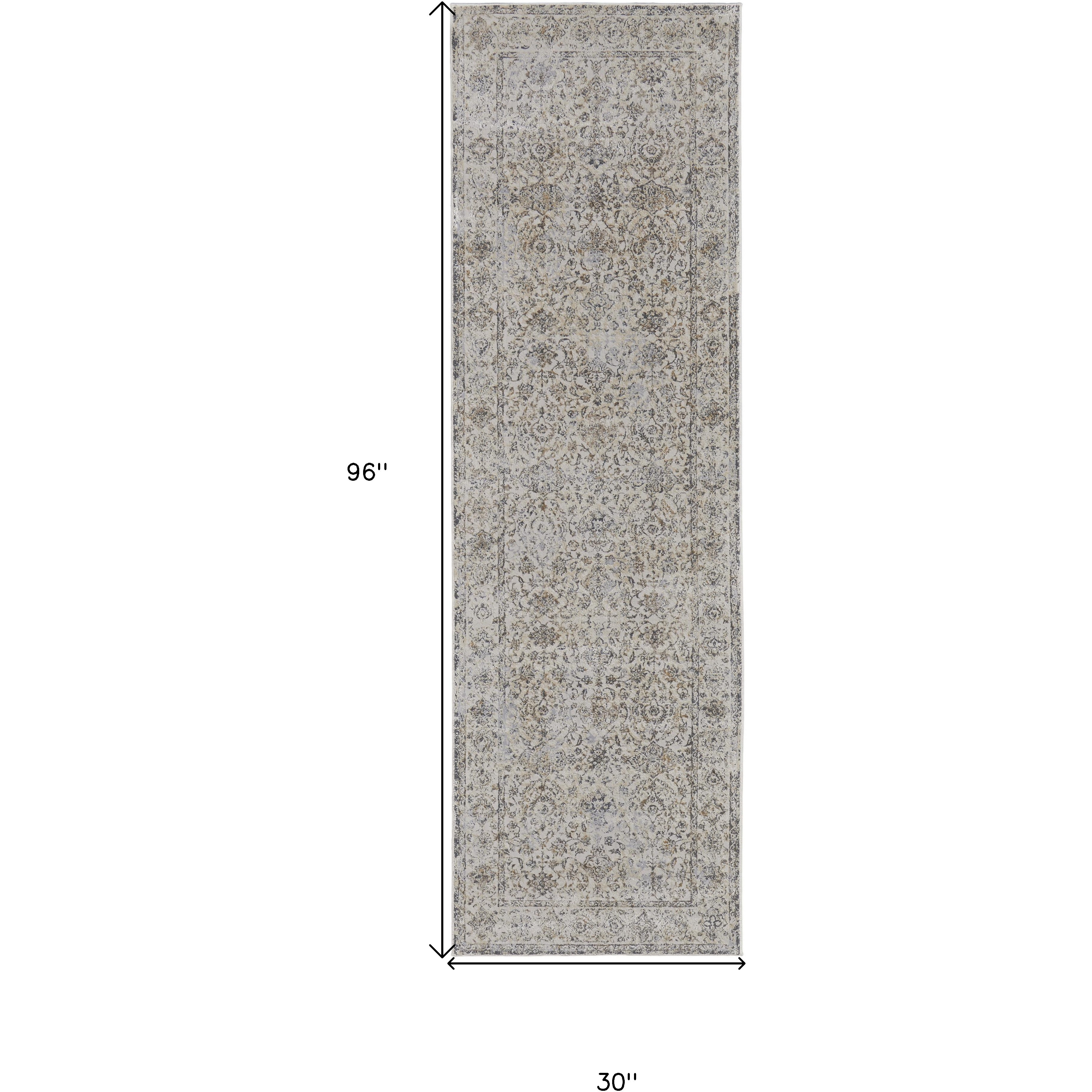 8' Brown and Ivory Oriental Power Loom Distressed Runner Rug