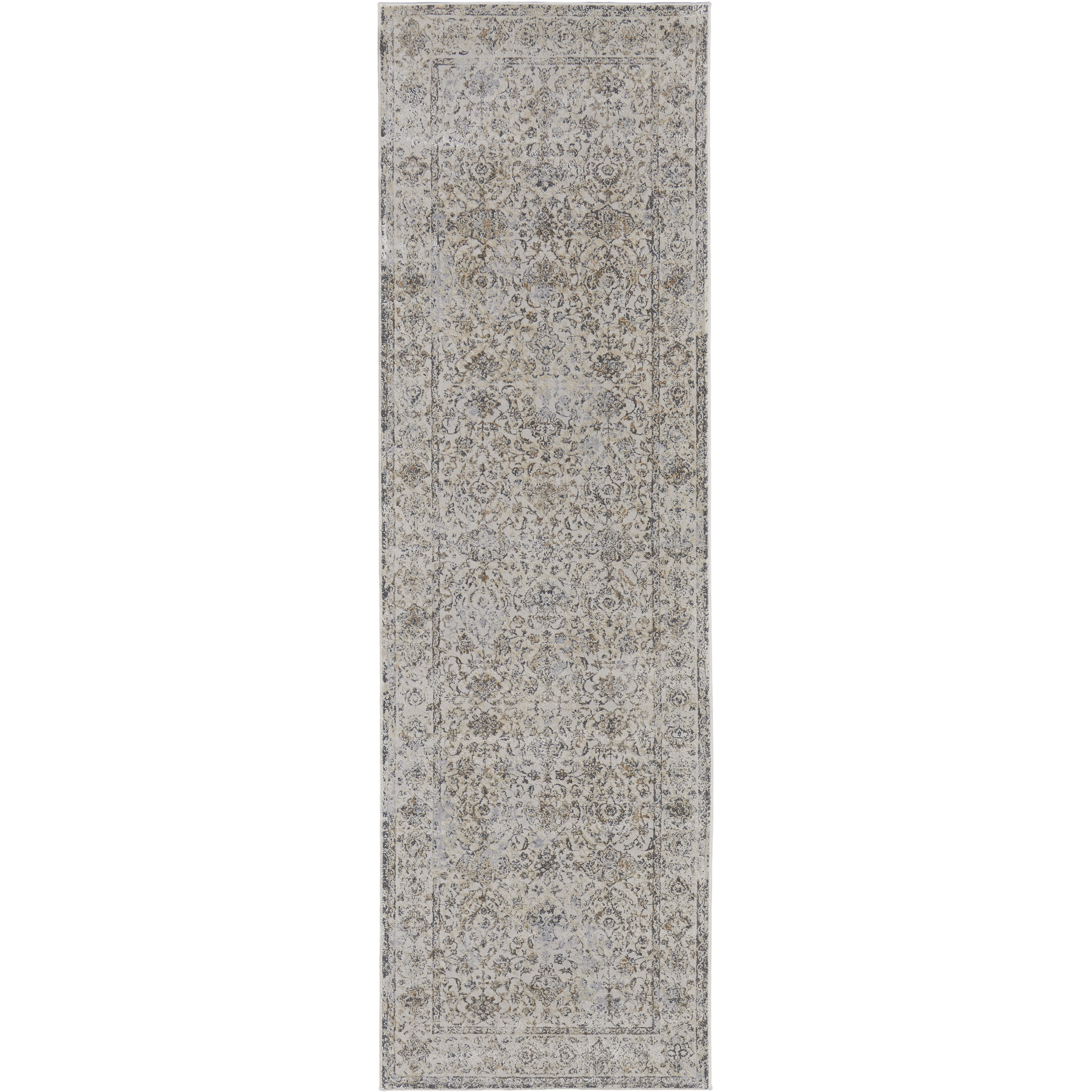 8' Brown and Ivory Oriental Power Loom Distressed Runner Rug