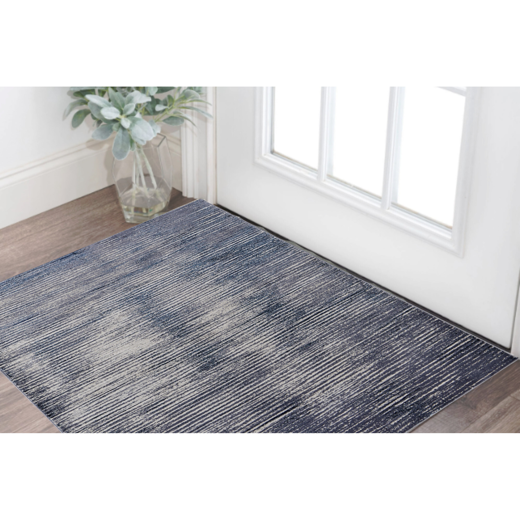 2' X 3' Gray and Ivory Striped Power Loom Distressed Area Rug