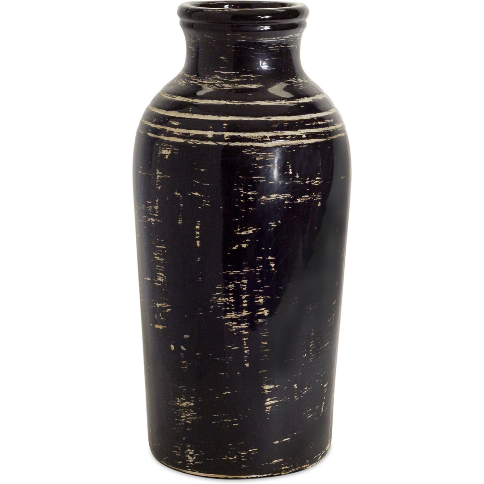 18" Ceramic Black and Ivory Striped Round Floor Vase