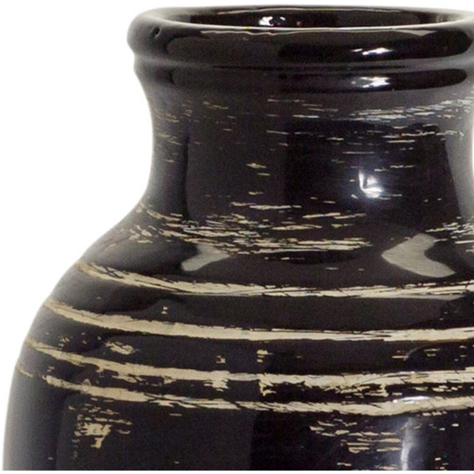 18" Ceramic Black and Ivory Striped Round Floor Vase