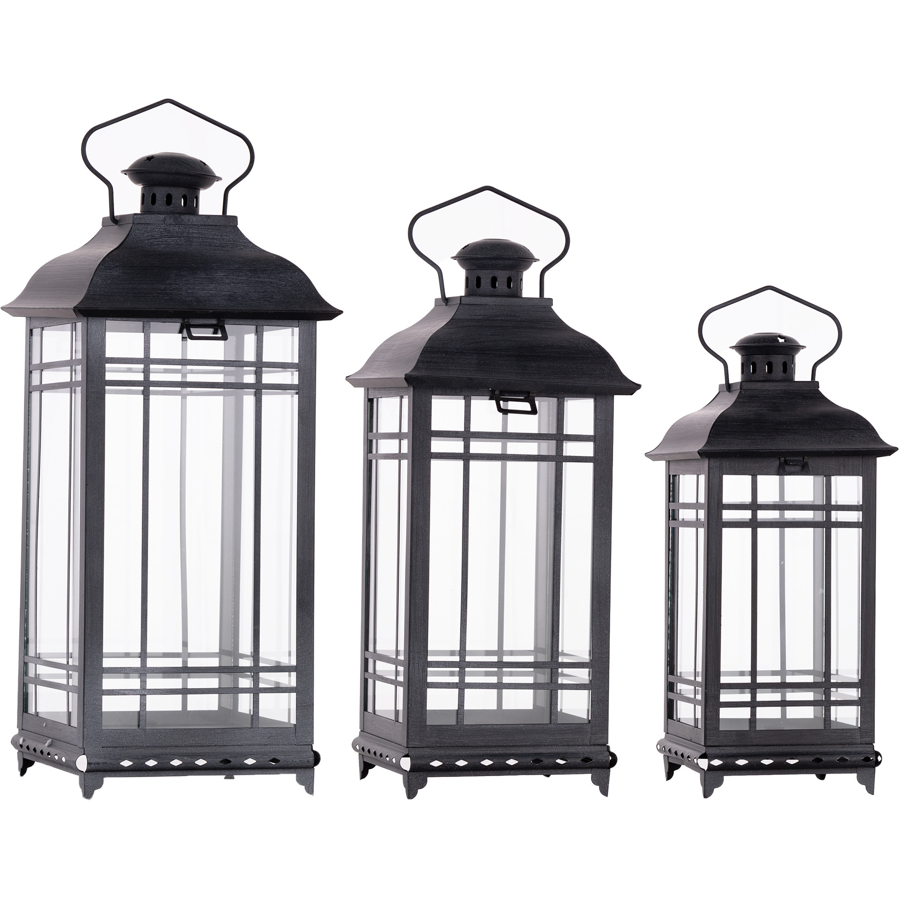 Set of Three Gray Metal Mirrored Floor Lantern Candle Holders