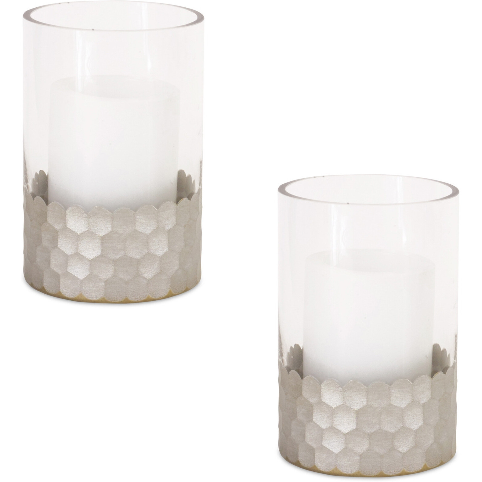 Set of Two Clear and Silver Glass Geometric Tabletop Pillar Candle Holders