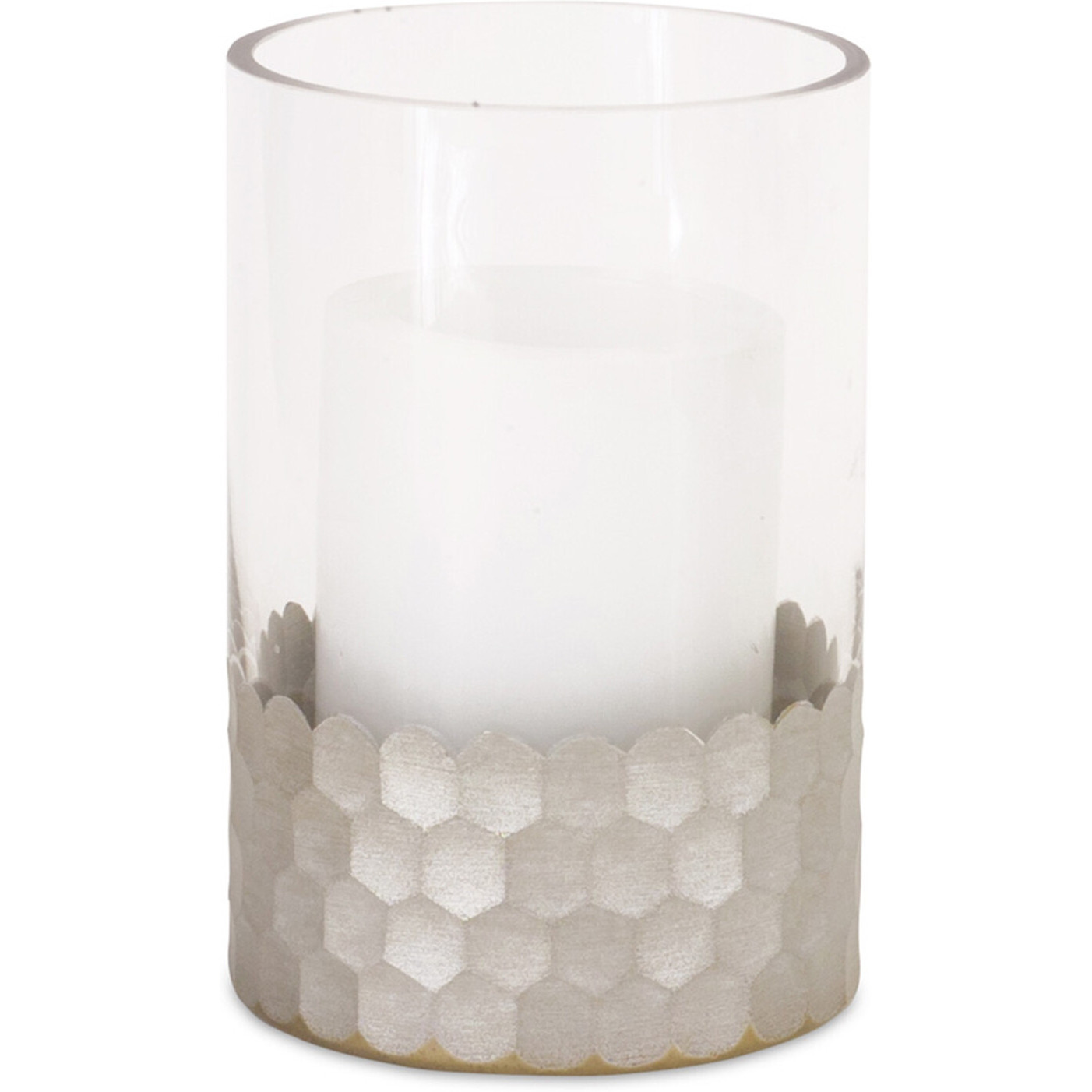 Set of Two Clear and Silver Glass Geometric Tabletop Pillar Candle Holders
