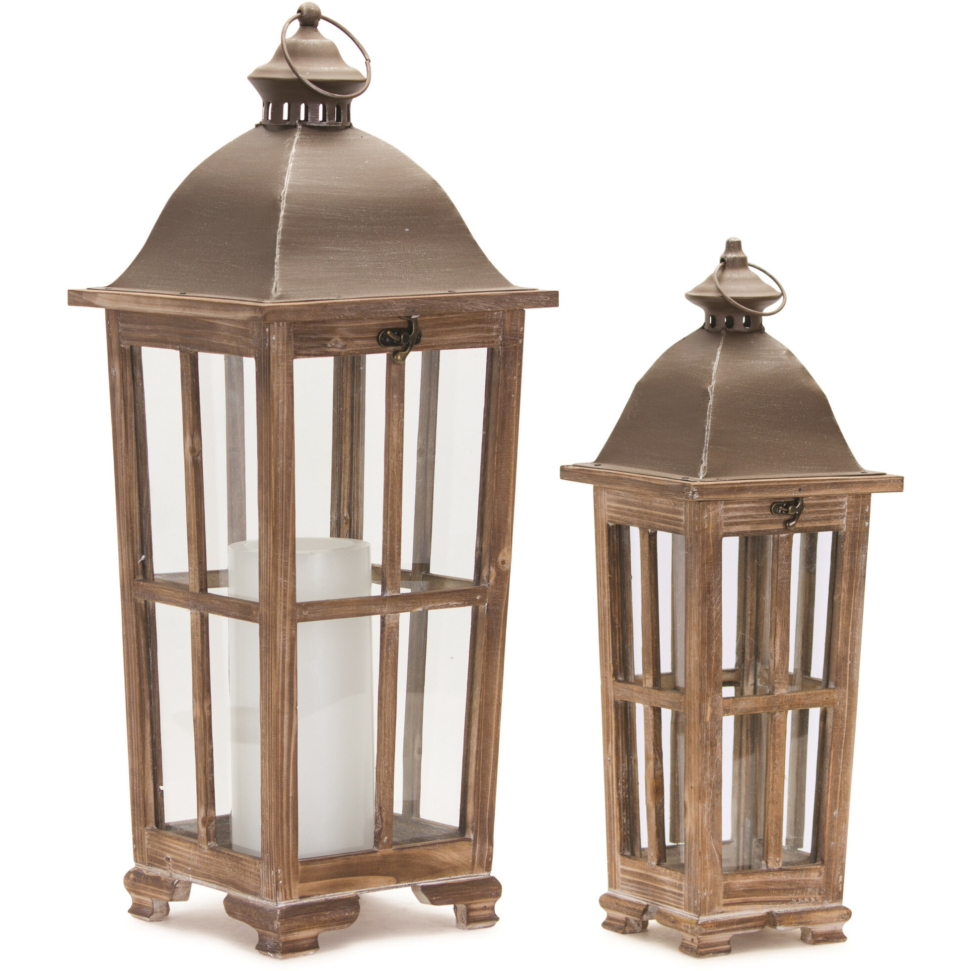 Set of Two Natural Solid Wood Ornate Tabletop Lantern Candle Holders