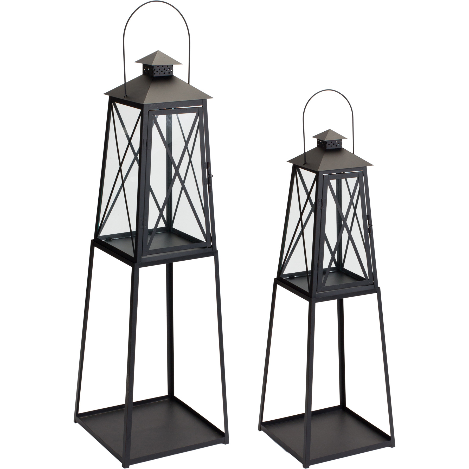 Set of Two Black Iron Ornate Tabletop Lantern Candle Holders