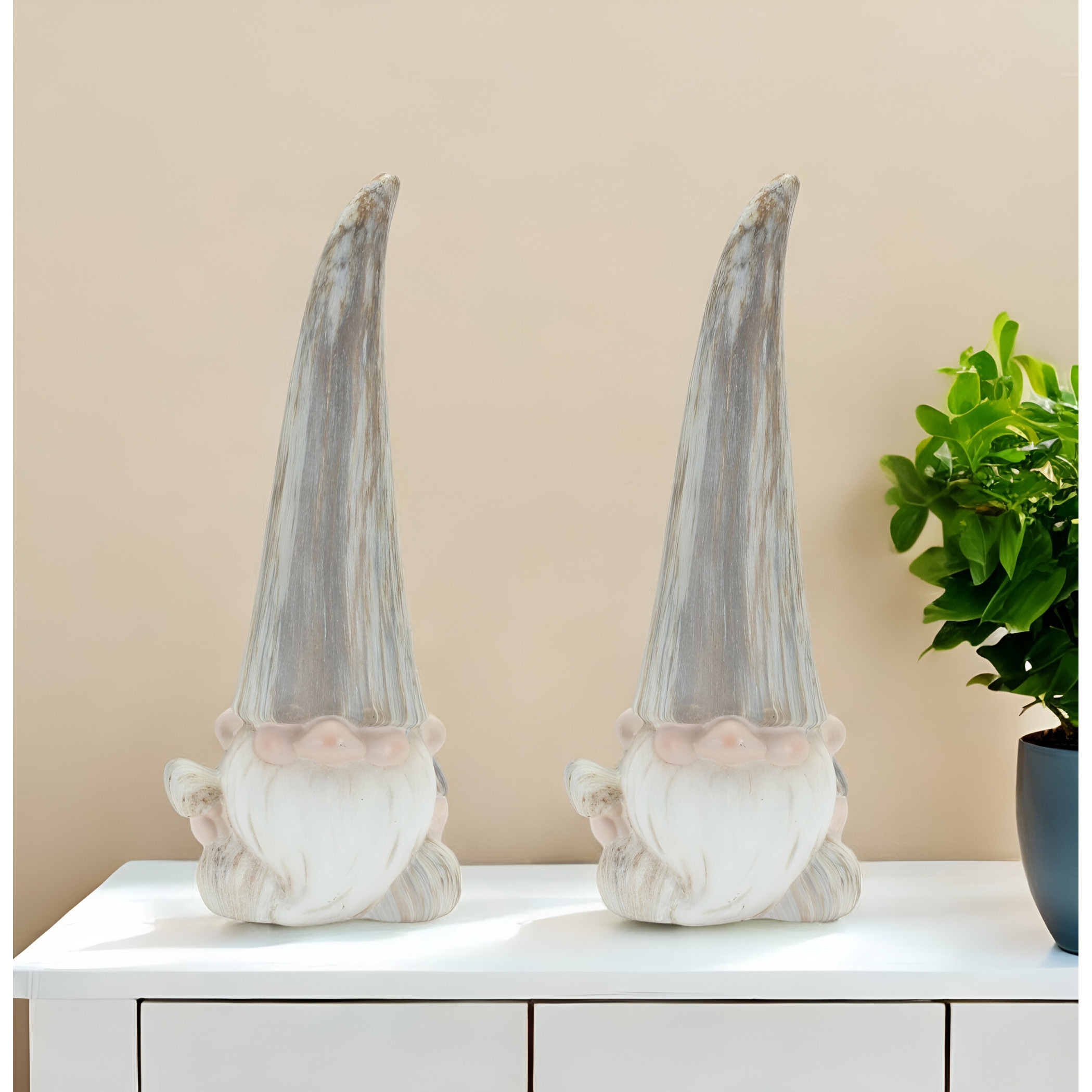 Set of Two Gray and Beige Terracotta Fairy Standing Gnome Tabletop Sculpture