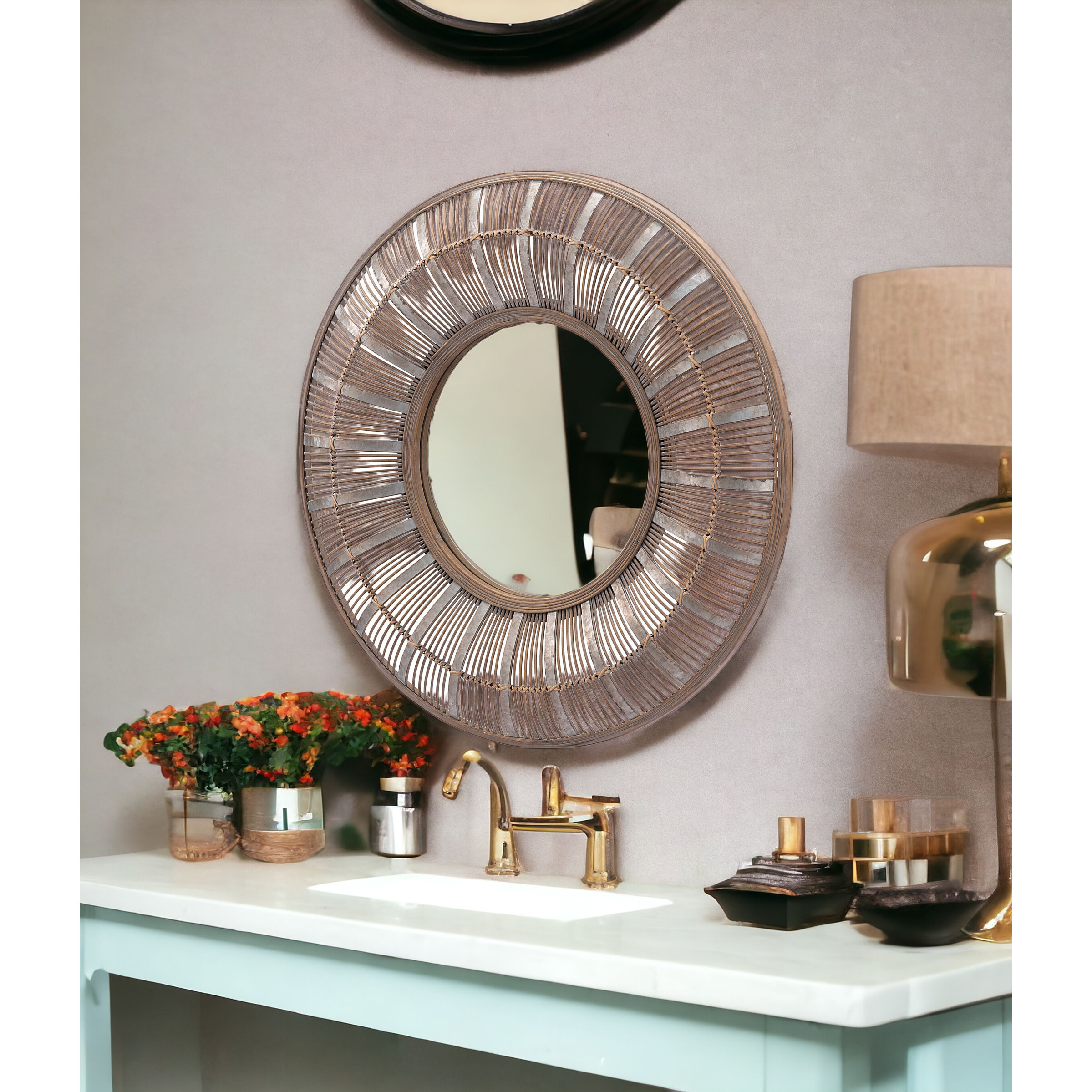 32" Brown Round Accent Mirror