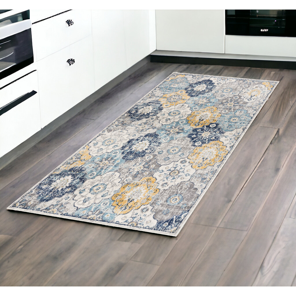 8' Blue and Gray Round Floral Washable Non Skid Area Rug