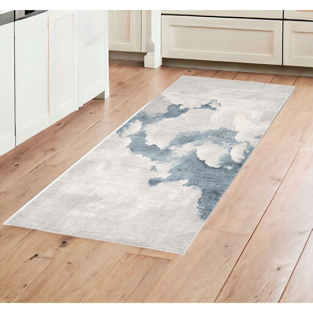 8' Runner Blue and Gray Abstract Washable Non Skid Area Rug