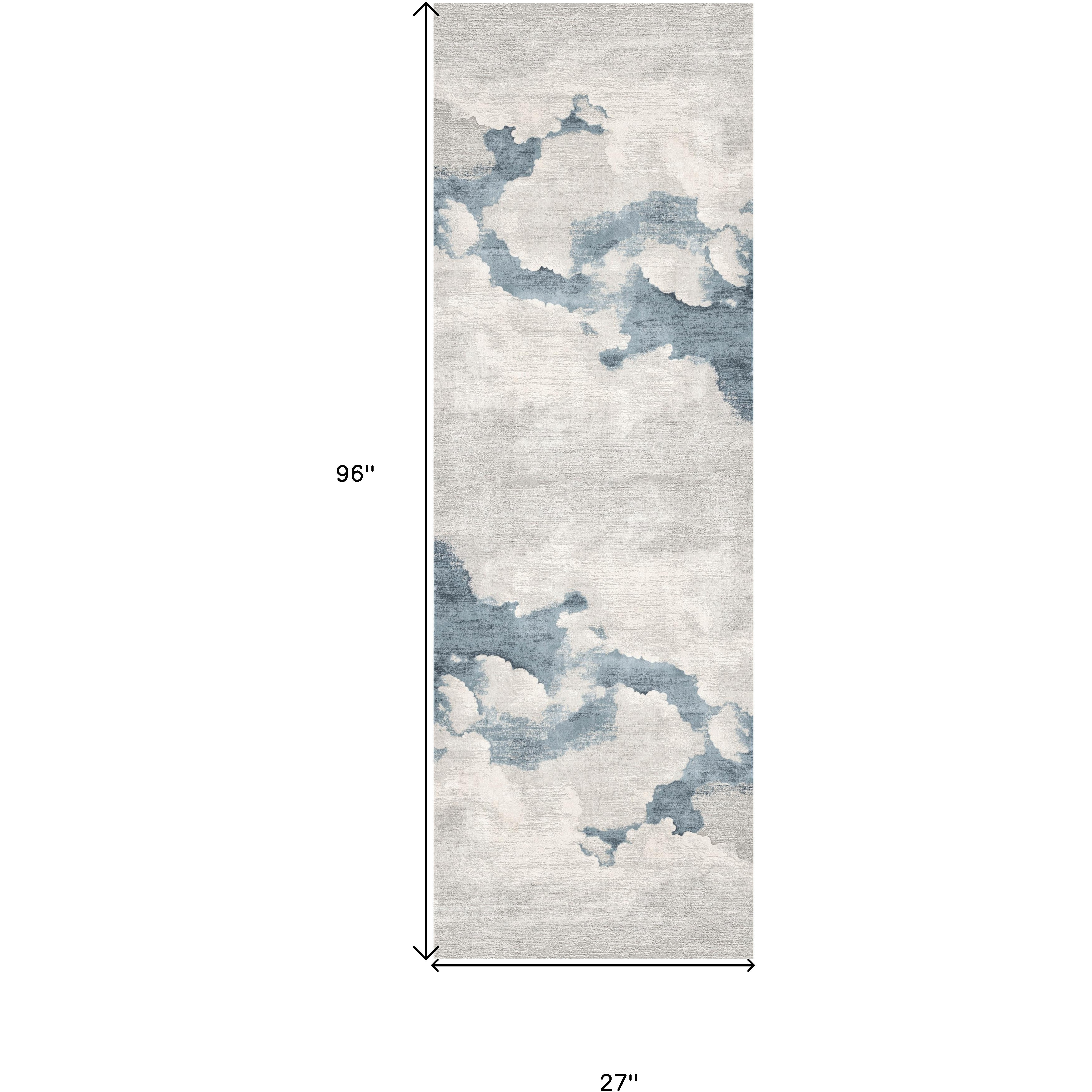 8' Runner Blue and Gray Abstract Washable Non Skid Area Rug