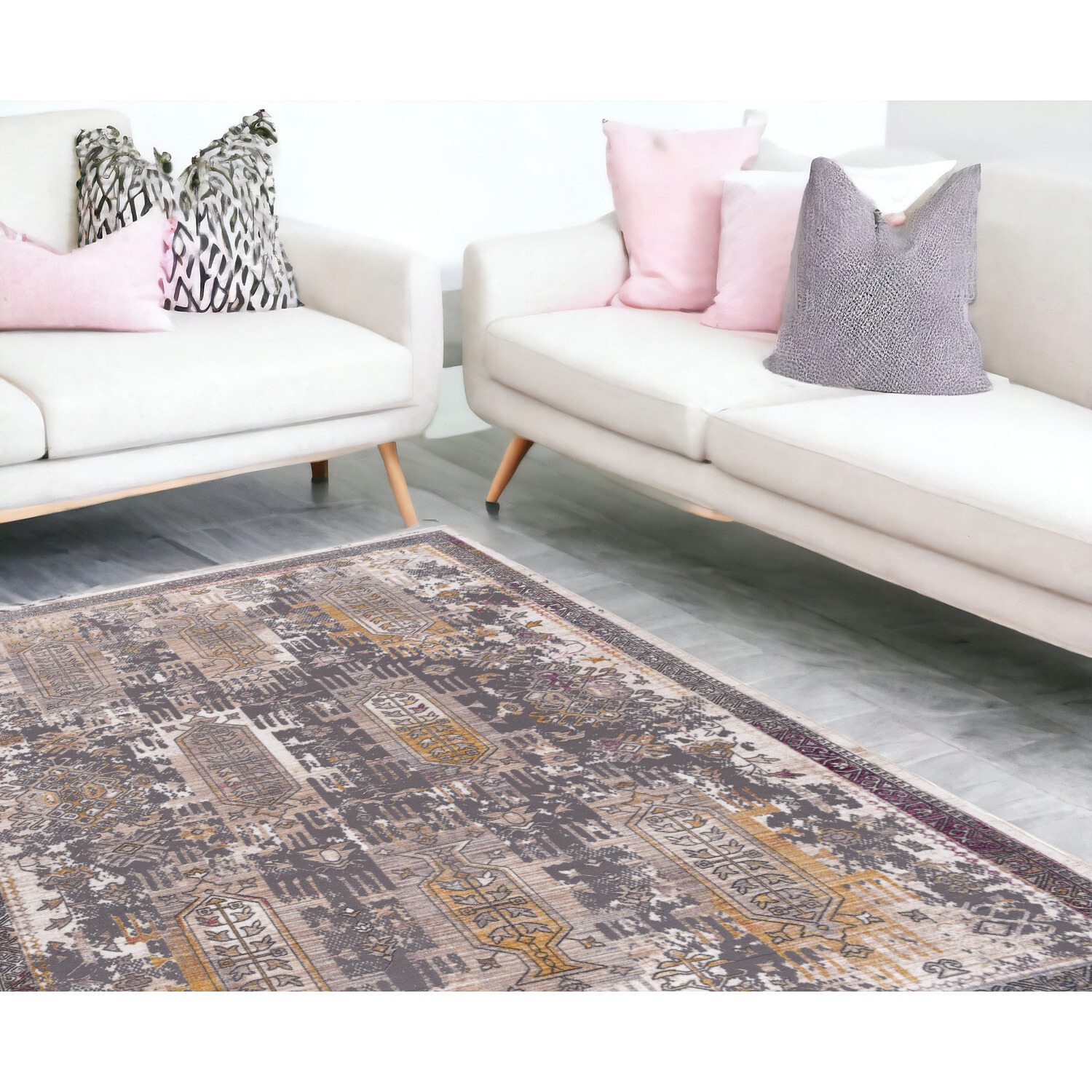 9' X 12' Gray and Ivory Oriental Power Loom Washable Non Skid Area Rug