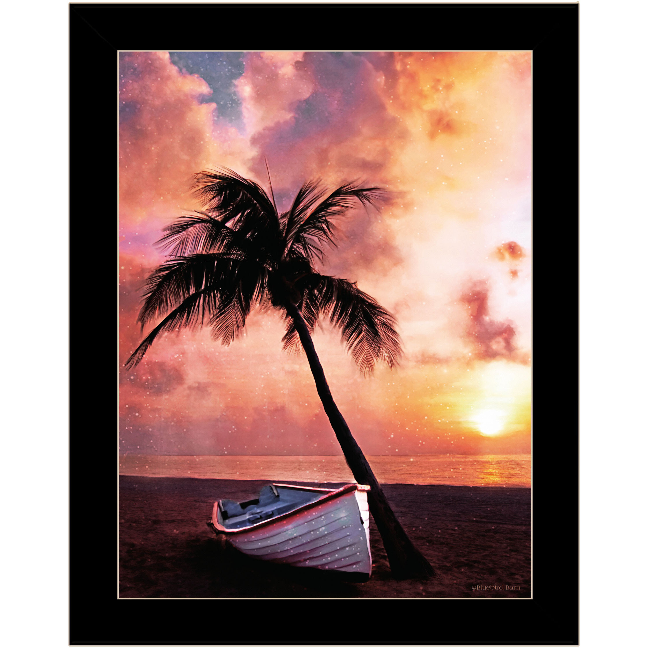 Palm Tree Sunset Black Framed Print Wall Art