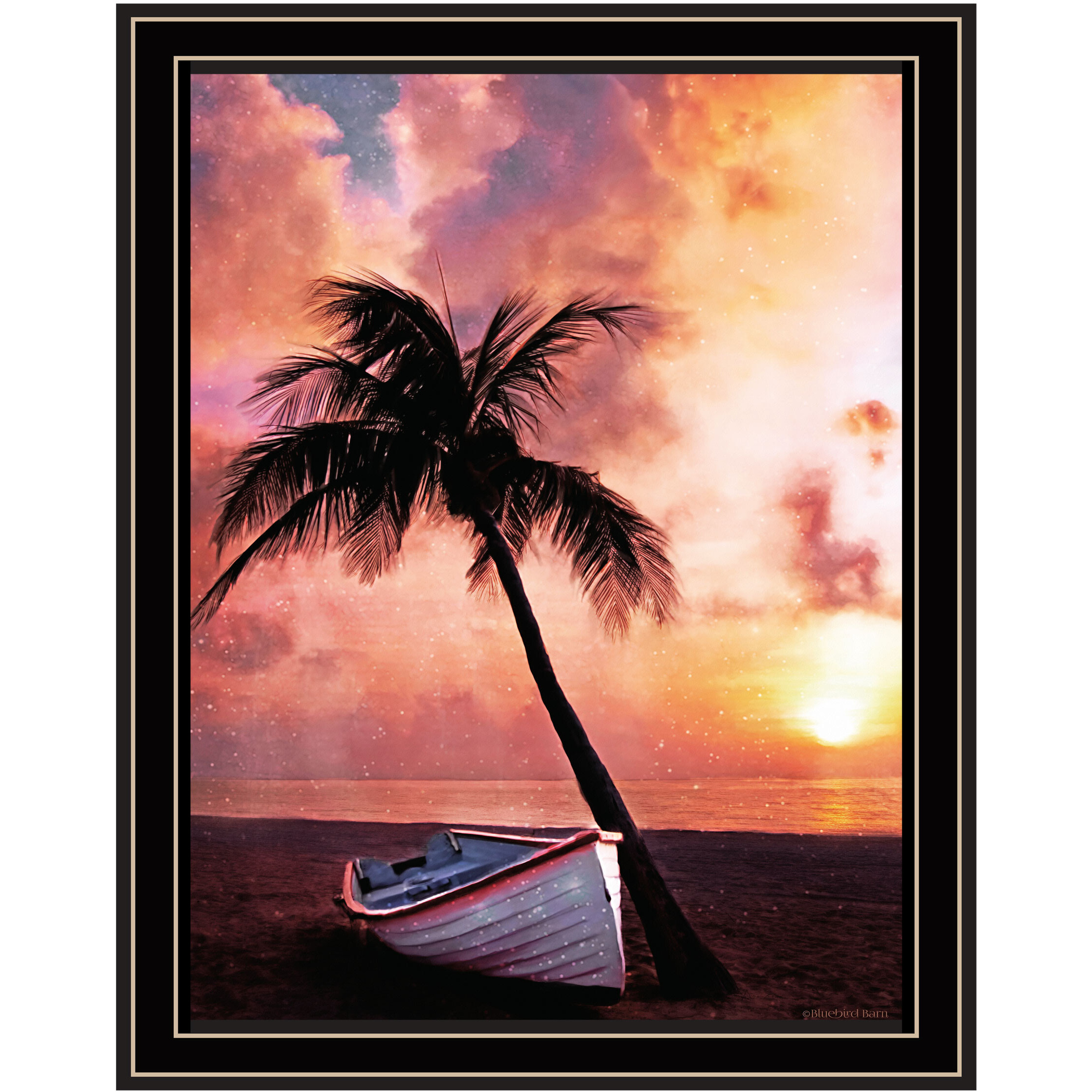 Palm Tree Sunset Black Framed Print Wall Art