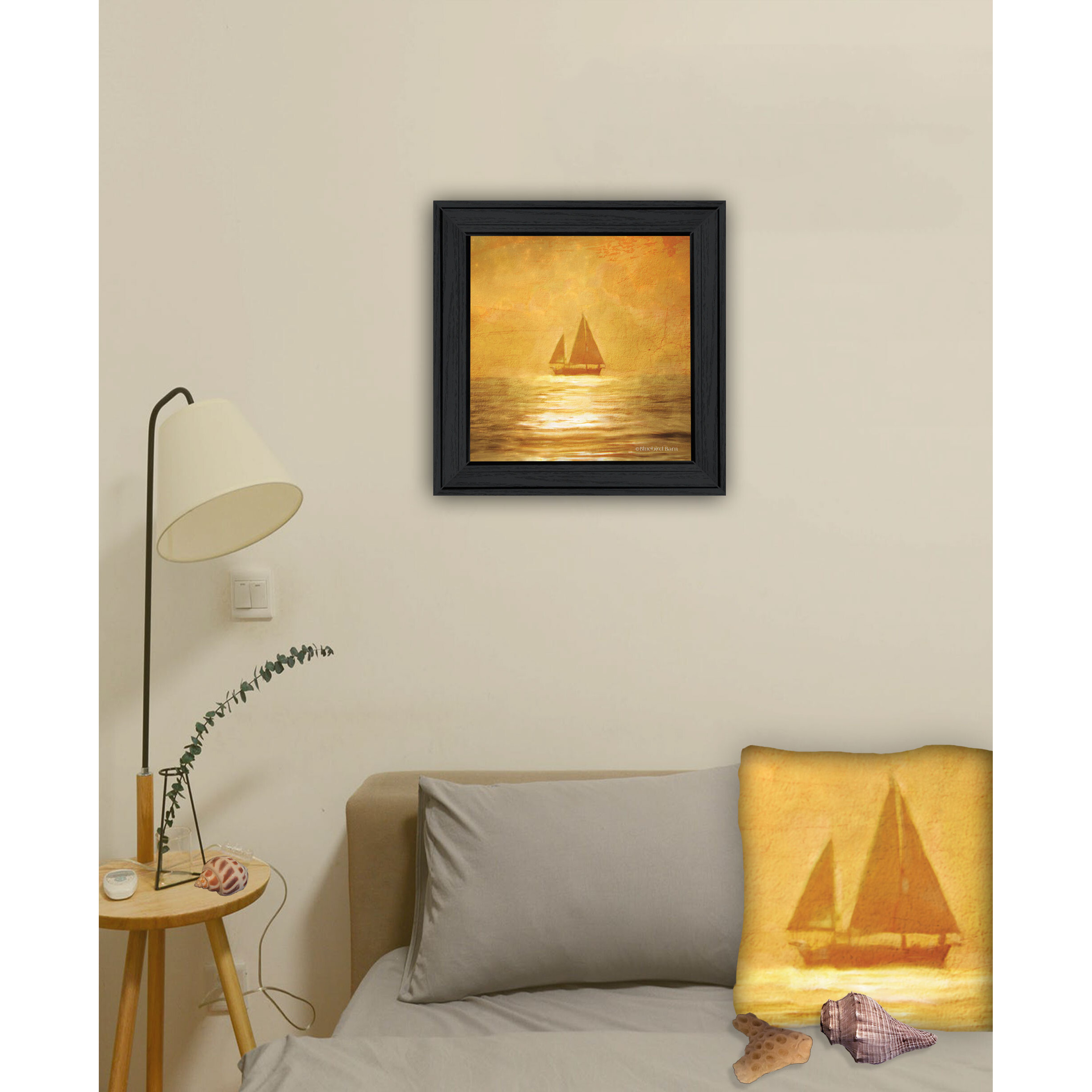 Solo Gold Sunset Sailboat Black Framed Print Wall Art