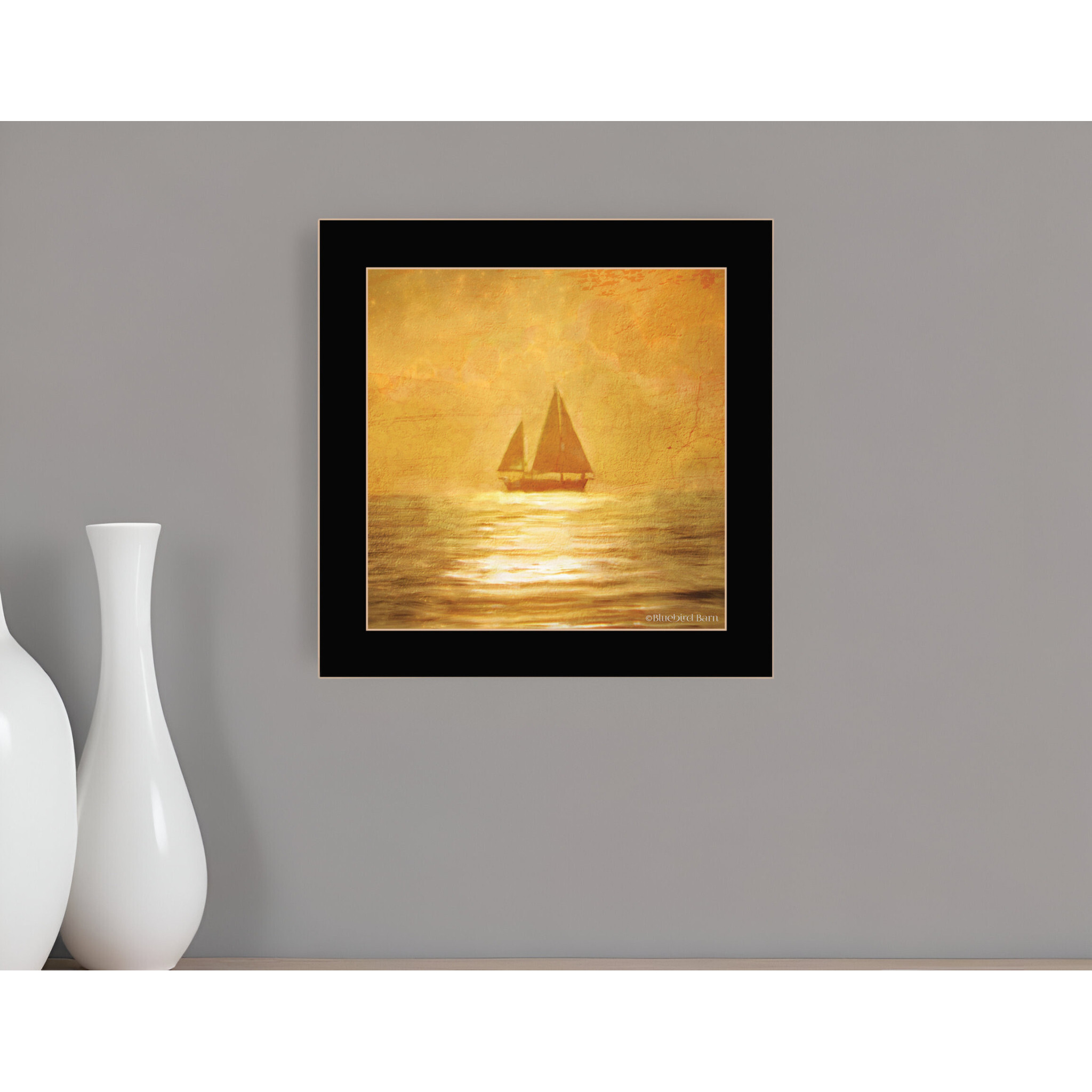 Solo Gold Sunset Sailboat Black Framed Print Wall Art